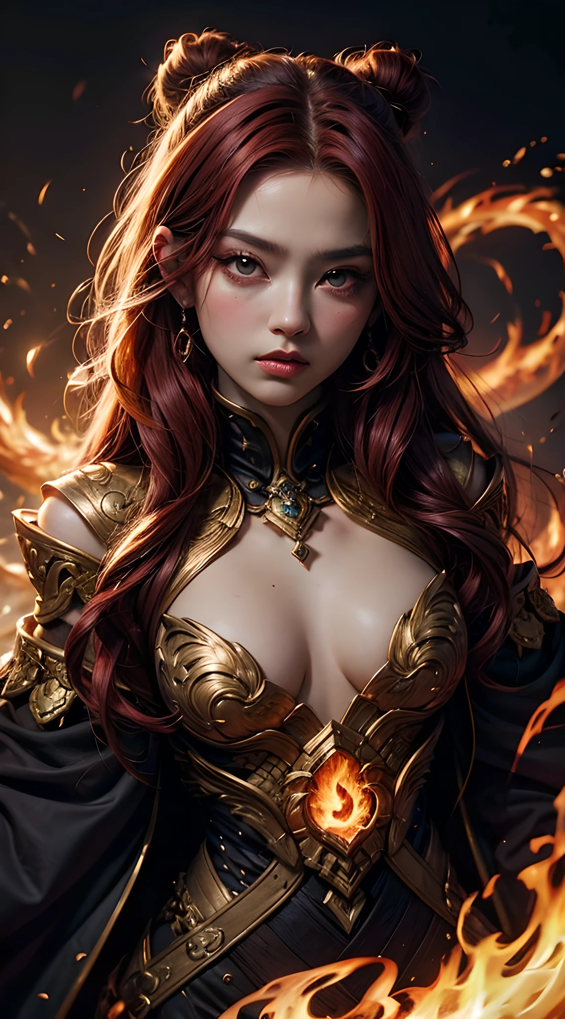 young Dragon-Girl, (deep red hair), big hair, portrait, double eyelid, serious face, small breast, deep dark eyes, Princess of Dragons, Dynasty of fire