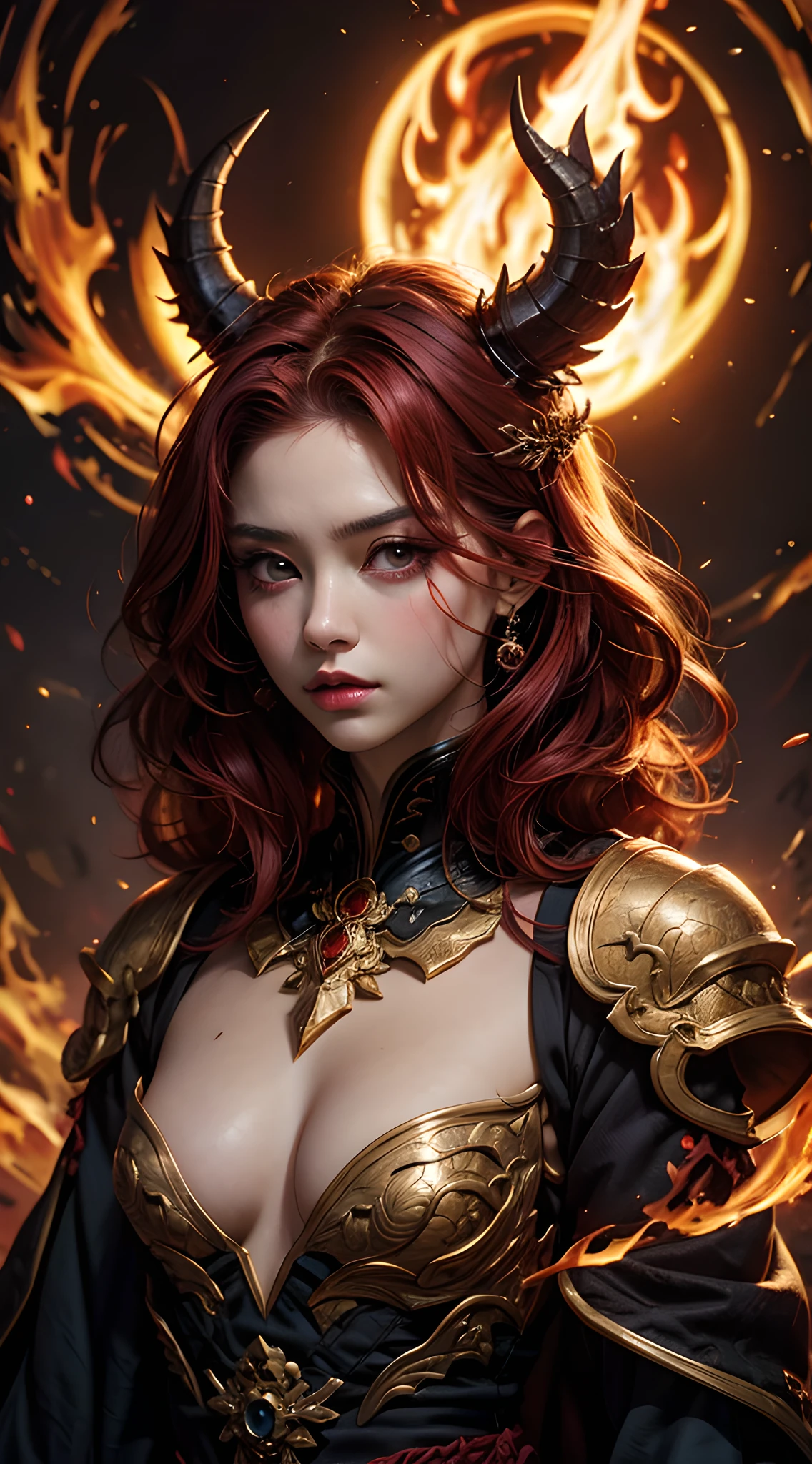 young Dragon-Girl, (deep red hair), big hair, portrait, double eyelid, serious face, small breast, deep dark eyes, Princess of Dragons, Dynasty of fire