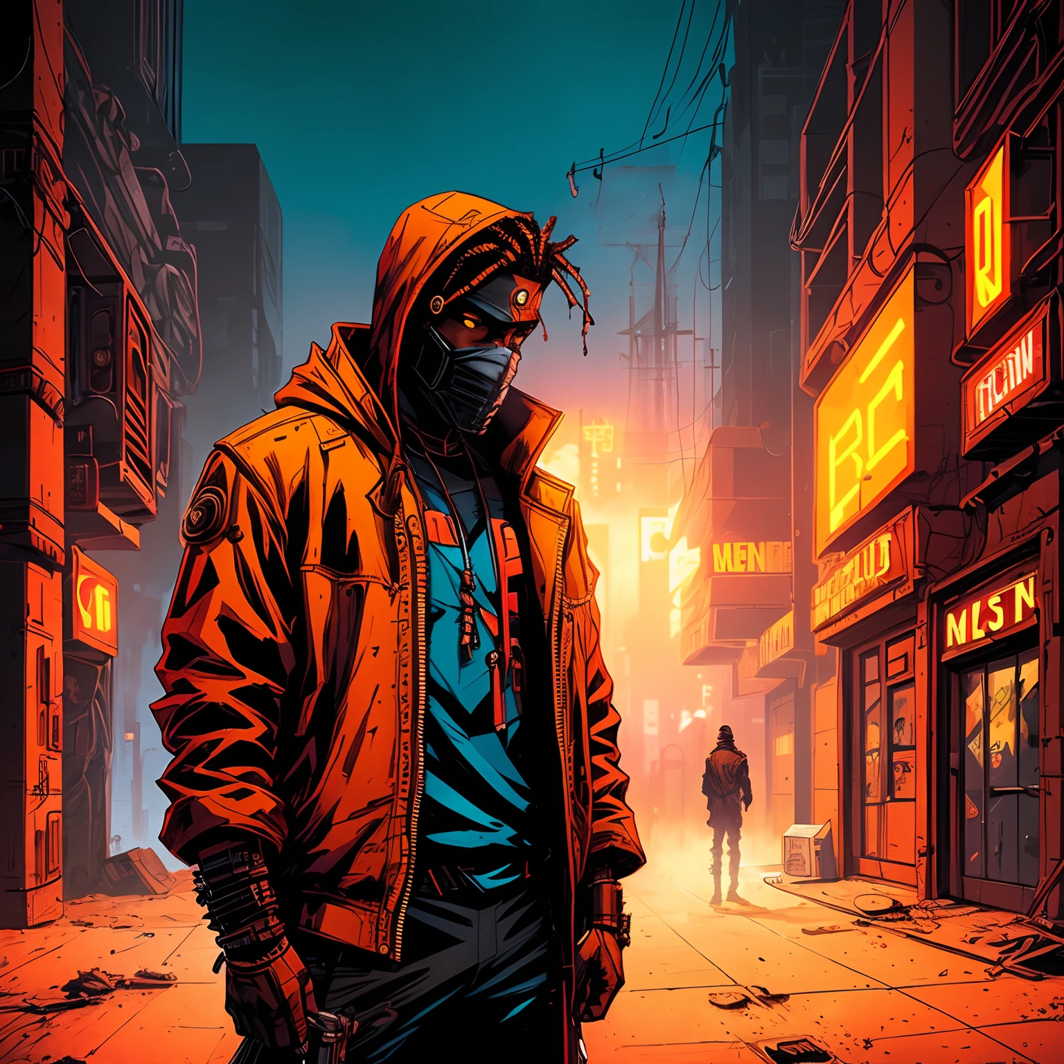Man standing with the hood down, revealing his face and his brown skin in a cyberpunk apocalyptic world, Digital painting, Comic book style, Artistation, Meticulous details, Neon colors, Intriguing atmosphere