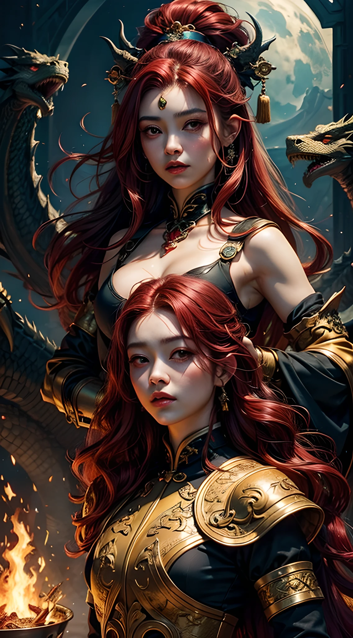 young Dragon-Girl, (deep red hair), big hair, portrait, double eyelid, serious face, small breast, deep dark eyes, Princess of Dragons, Dynasty of fire
