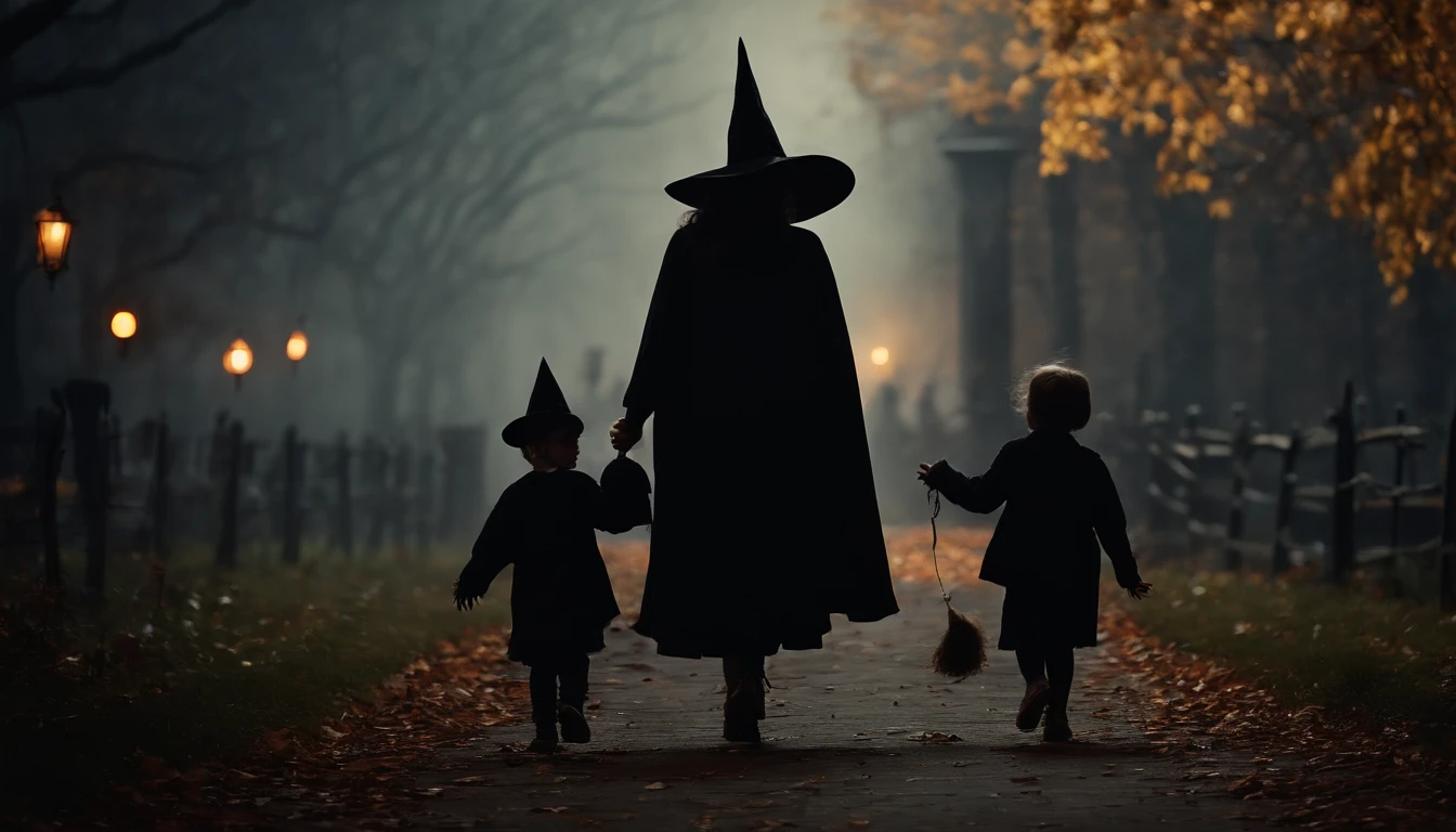 Halloween in the Haunted City with a Witch and Children