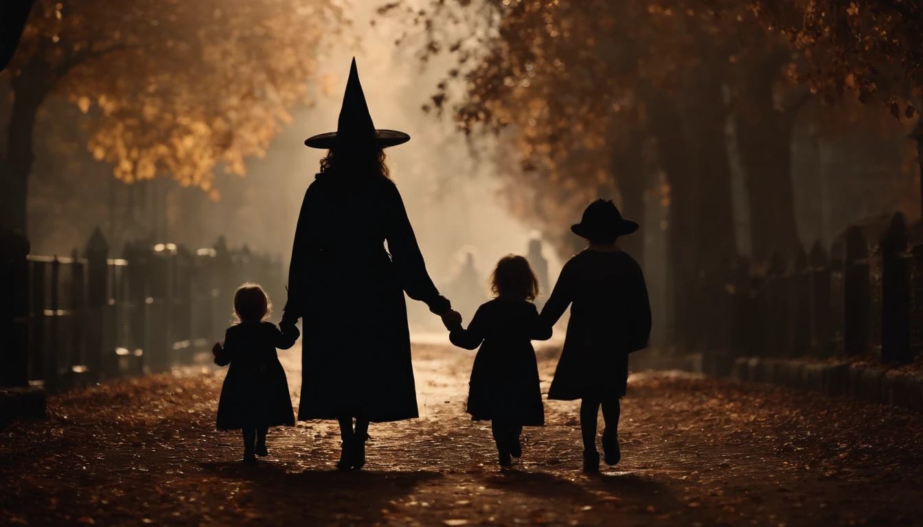Halloween in the Haunted City with a Witch and Children