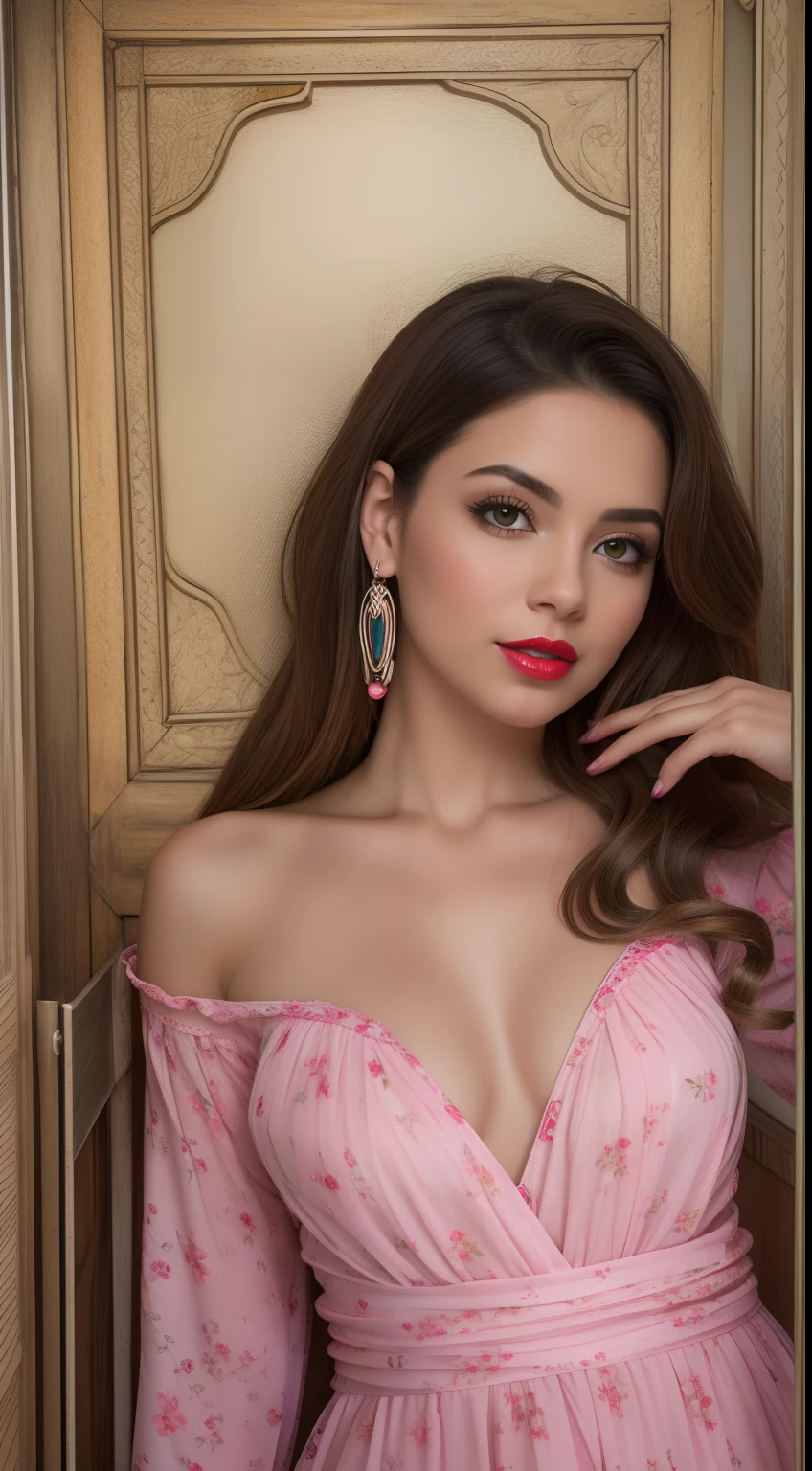 Una mujer joven y hermosa, cabello rubio que cae suavemente en ondas hasta los hombros, altura mediana, Ojos grandes y verdes, piel clara, She's in her pajamas, She's in her bed, Cuidar el cabello antes de acostarse, The environment is illuminated with lights of warm and pleasant colors making your hair shine, Su semblante es naturalmente sereno, lips with red lipstick, textura 8k, Altamente detallado, realista, soft cinematic light, HDR, foco nítido, obra-prima, fotorrealista, rewarded photography, Canon EOS R5, 35 mm