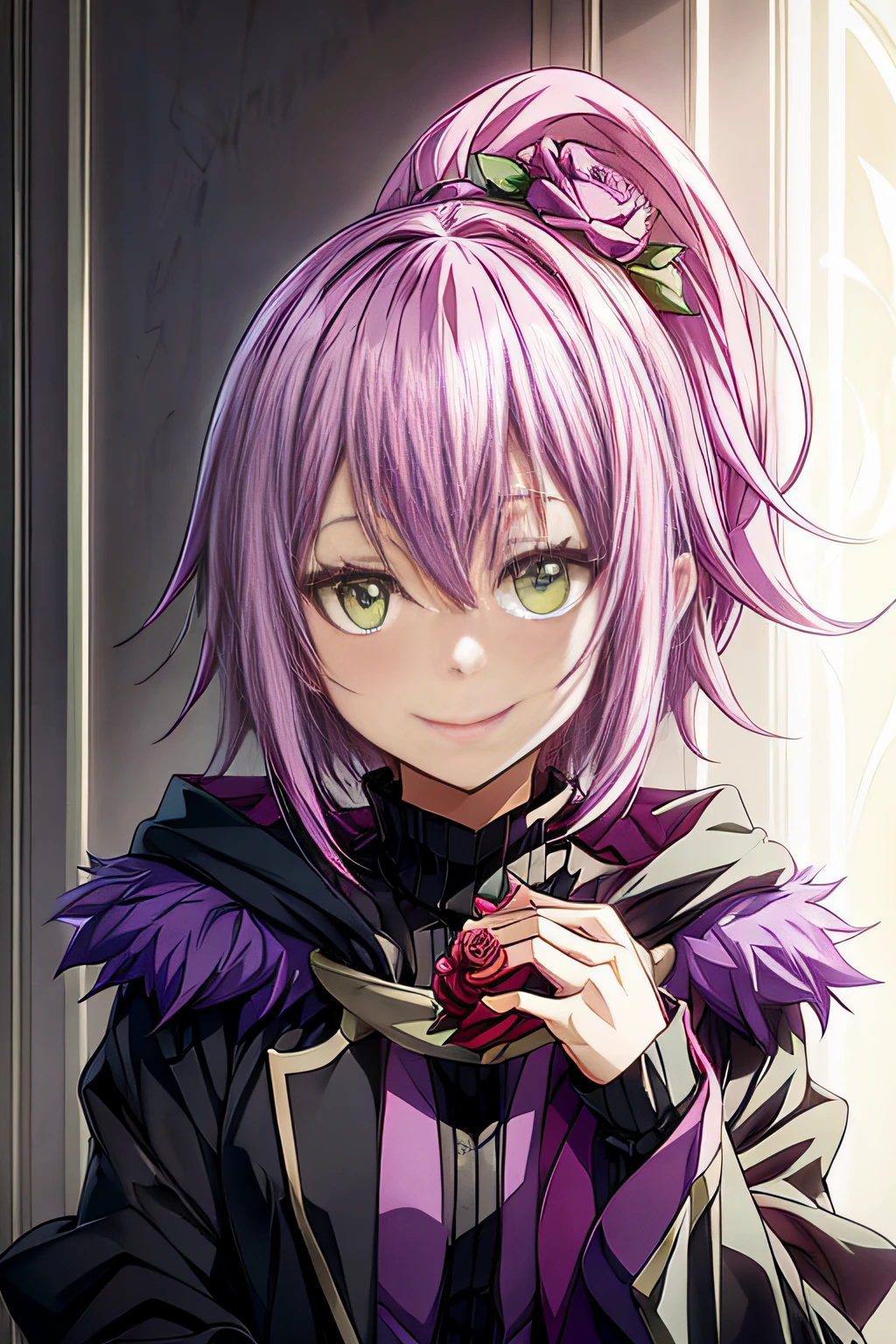 an anime girl with purple hair next to a rose, 1girl, solo, smile, flower, green eyes, petals, pink hair, looking at viewer, cup, tensura, ultima