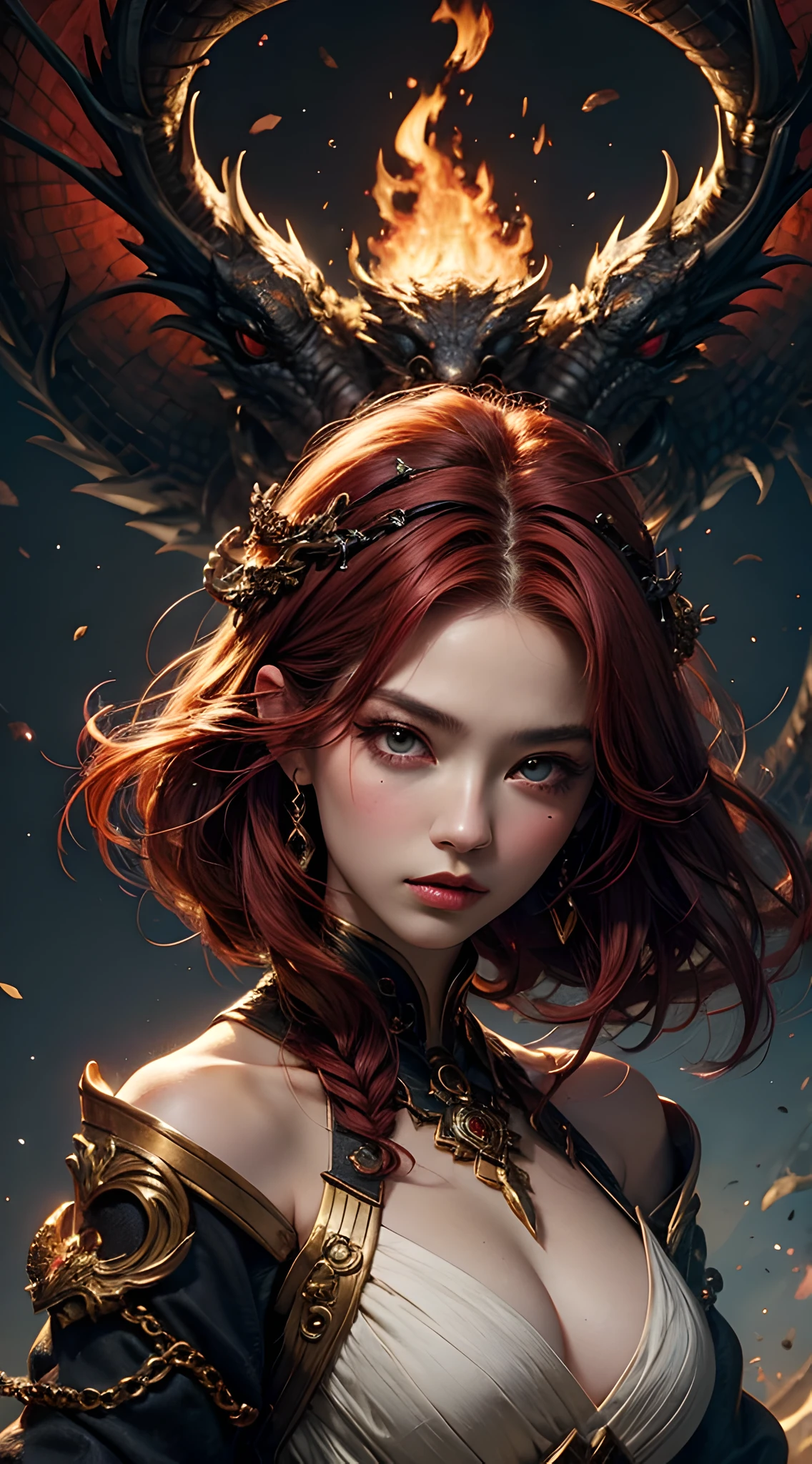 young Dragon-Girl, (deep red hair), big hair, portrait, double eyelid, serious face, small breast, deep dark eyes, Princess of Dragons, Dynasty of fire