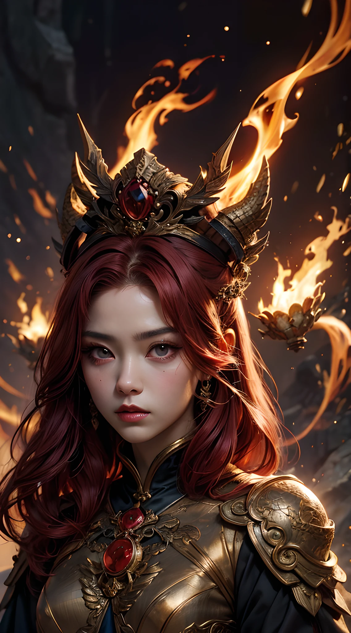 young Dragon-Girl, (deep red hair), big hair, portrait, double eyelid, serious face, small breast, deep dark eyes, Princess of Dragons, Dynasty of fire