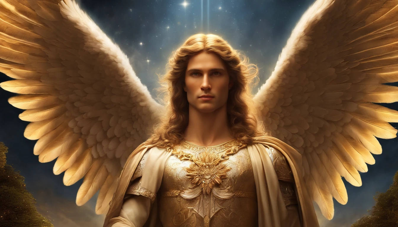 um personagem masculino, o arcanjo Miguel, imagem celestial, detalhes intricados, realista, asas ROSAS e grandes, fundo angelical, Catholic illustrative image of the archangel Michael, Male character of the Bible, Michael is wearing his angelic armor, cosmic background, Illumination in the Archangel and in the background, imagem do corpo todo do anjo, Maximum detail and his angelic face and wings, pele perfeita realista, Maximum image quality, Miguel ele esta destacado na imagem com cores fortes e chamativas.