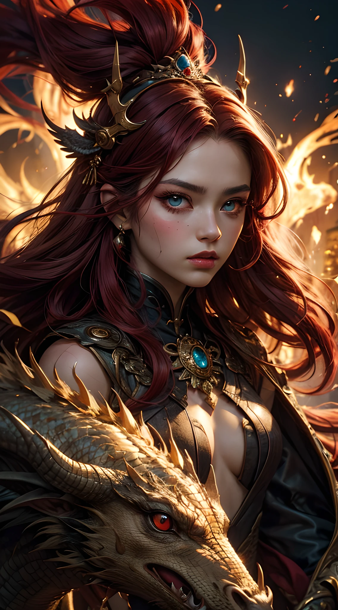 young Dragon-Girl, (deep red hair), big hair, portrait, double eyelid, serious face, small breast, heterochromia, one yellow eye, Princess of Dragons, Dynasty of fire