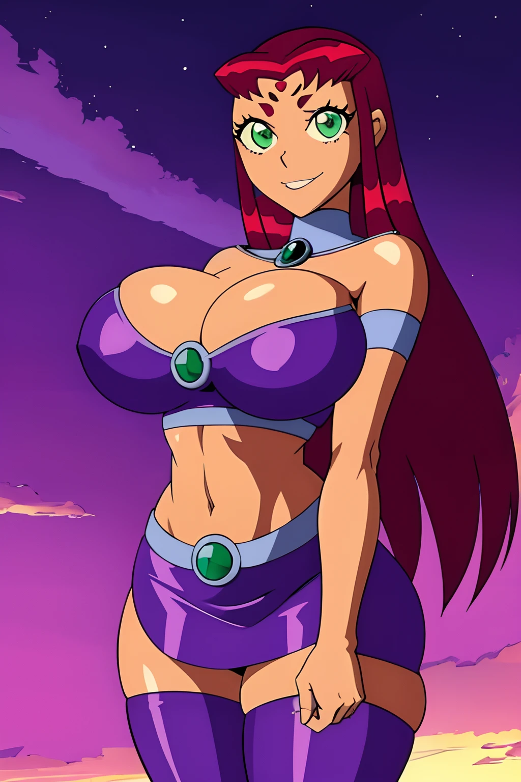 Teen titans, Starfire, anime, masterpiece, 1girl, ((bimbo))), smile face, green eyes, long red hair, puffy lips, thick lips, wide hips, thick thigh, big breast, huge ass, shiny skin, purple skirt, purple top, posing