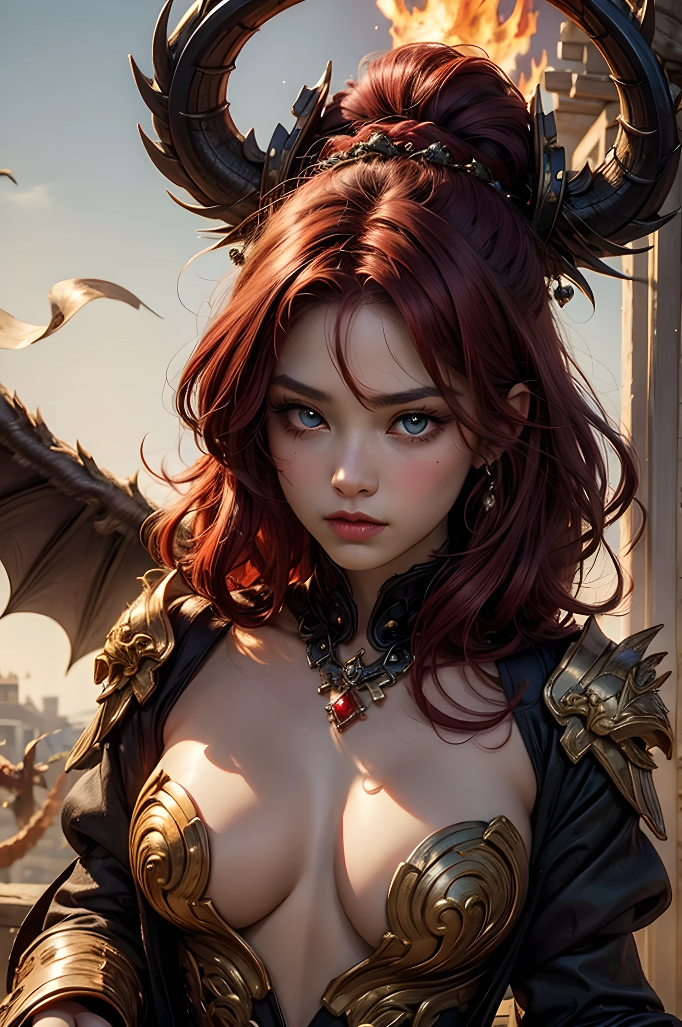 young Dragon-Girl, (deep red hair), big hair, portrait, double eyelid, serious face, small breast, heterochromia, one yellow eye, Princess of Dragons, Dynasty of fire