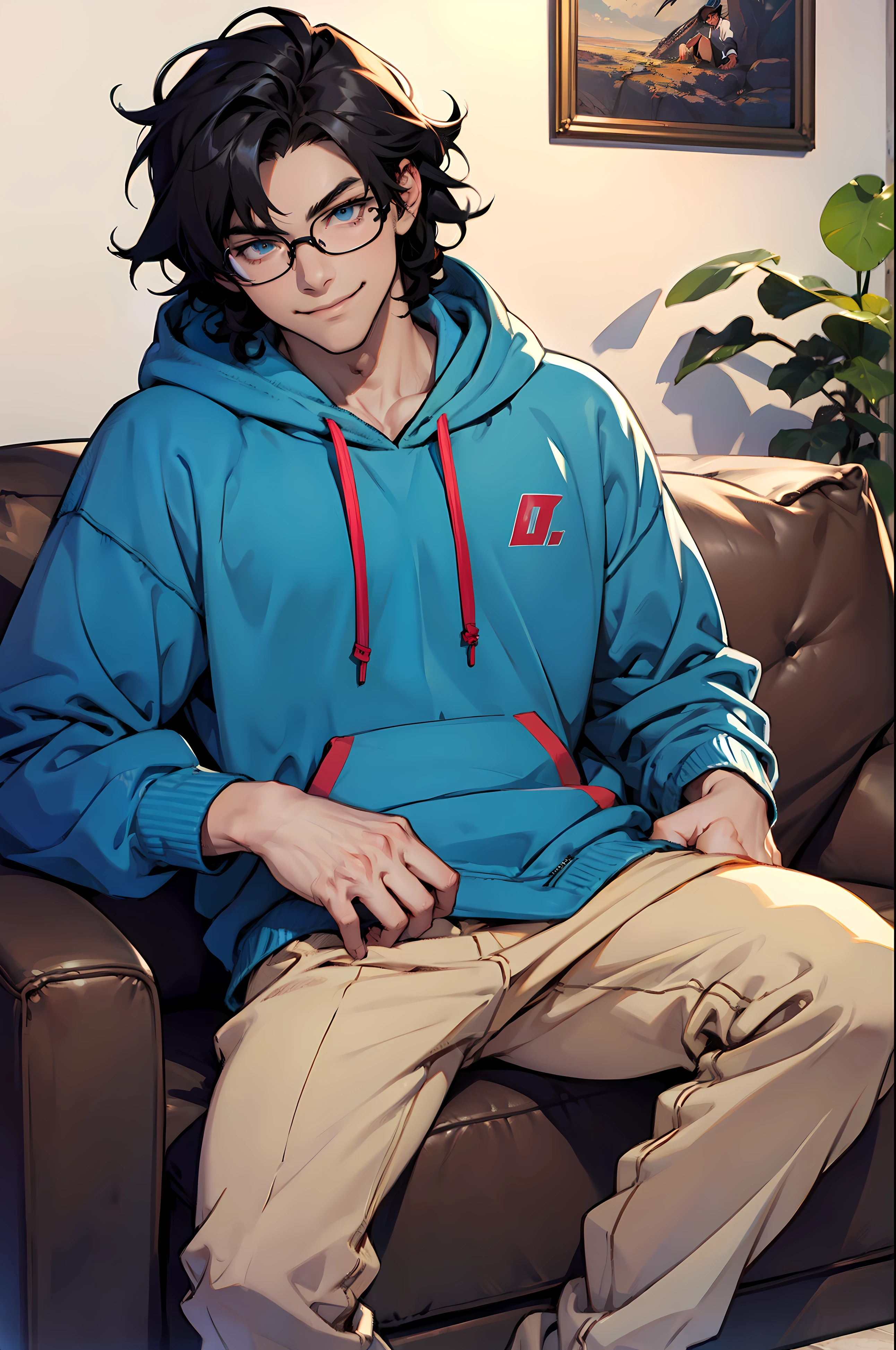 Handsome Anime boy, black curly hair, glasses, smiling, blue hoodie, sitting on a couch, (1boy), high quality, Anime style