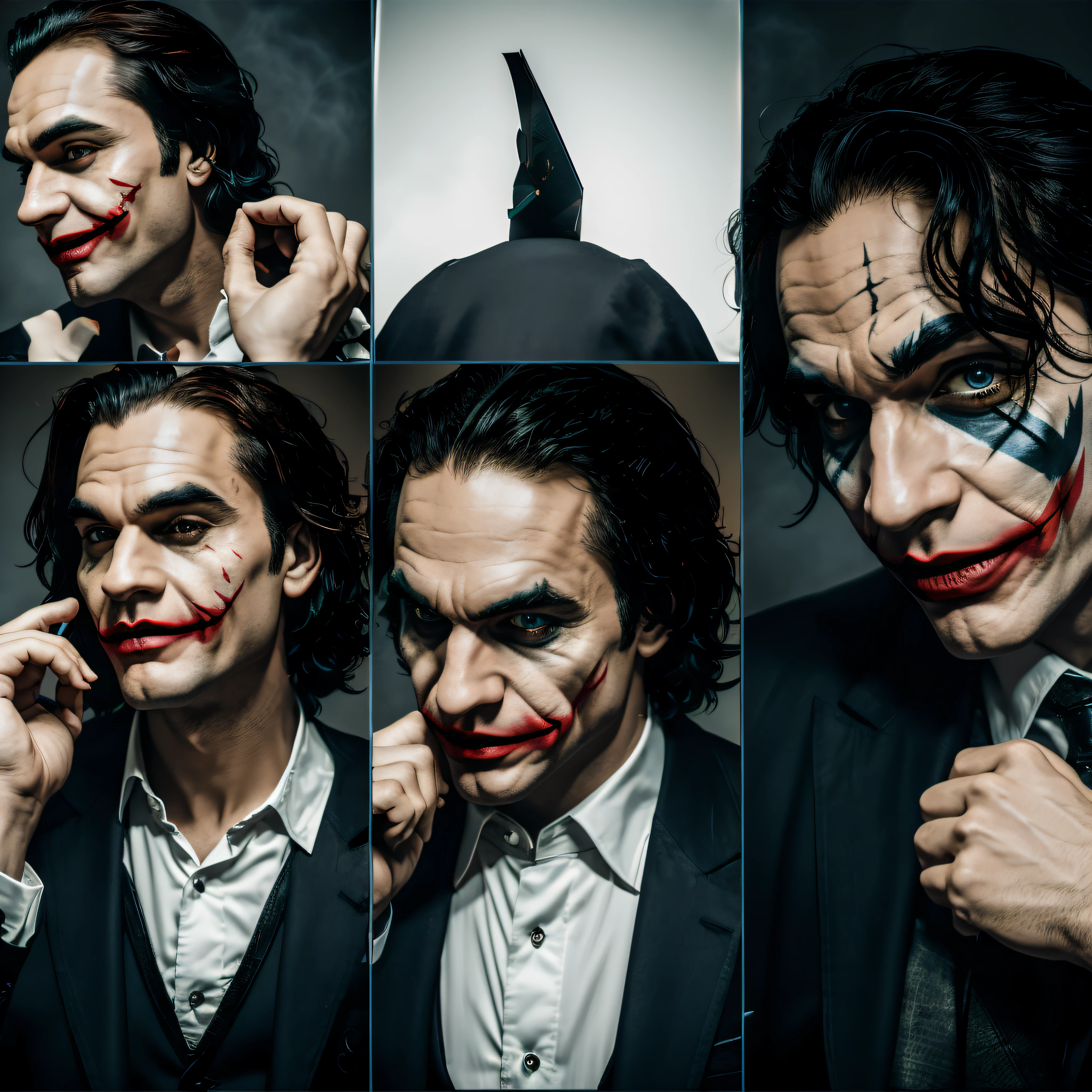 4 panels with different dynamic poses, the joker as a model,comic book style,ultra-detailed,highly saturated colors,shadows and highlights,gritty texture,studio lighting,dramatic atmosphere,crazy expressions,haunting smile,maniacal laughter,menacing eyes,playing cards,confetti,chaotic background,cigarette smoke,mysterious fog,city skyline,sinister shadows,batman symbol,circus tent,burning playing cards,colorful explosion,Batman: The Killing Joke,Comic Con vibe,action-packed,over-the-top energy