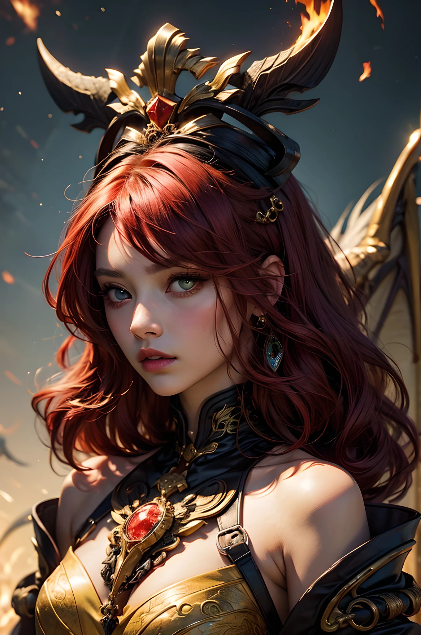 young Dragon-Girl, (deep red hair), big hair, portrait, double eyelid, serious face, small breast, heterochromia, one yellow eye, Princess of Dragons, Dynasty of fire