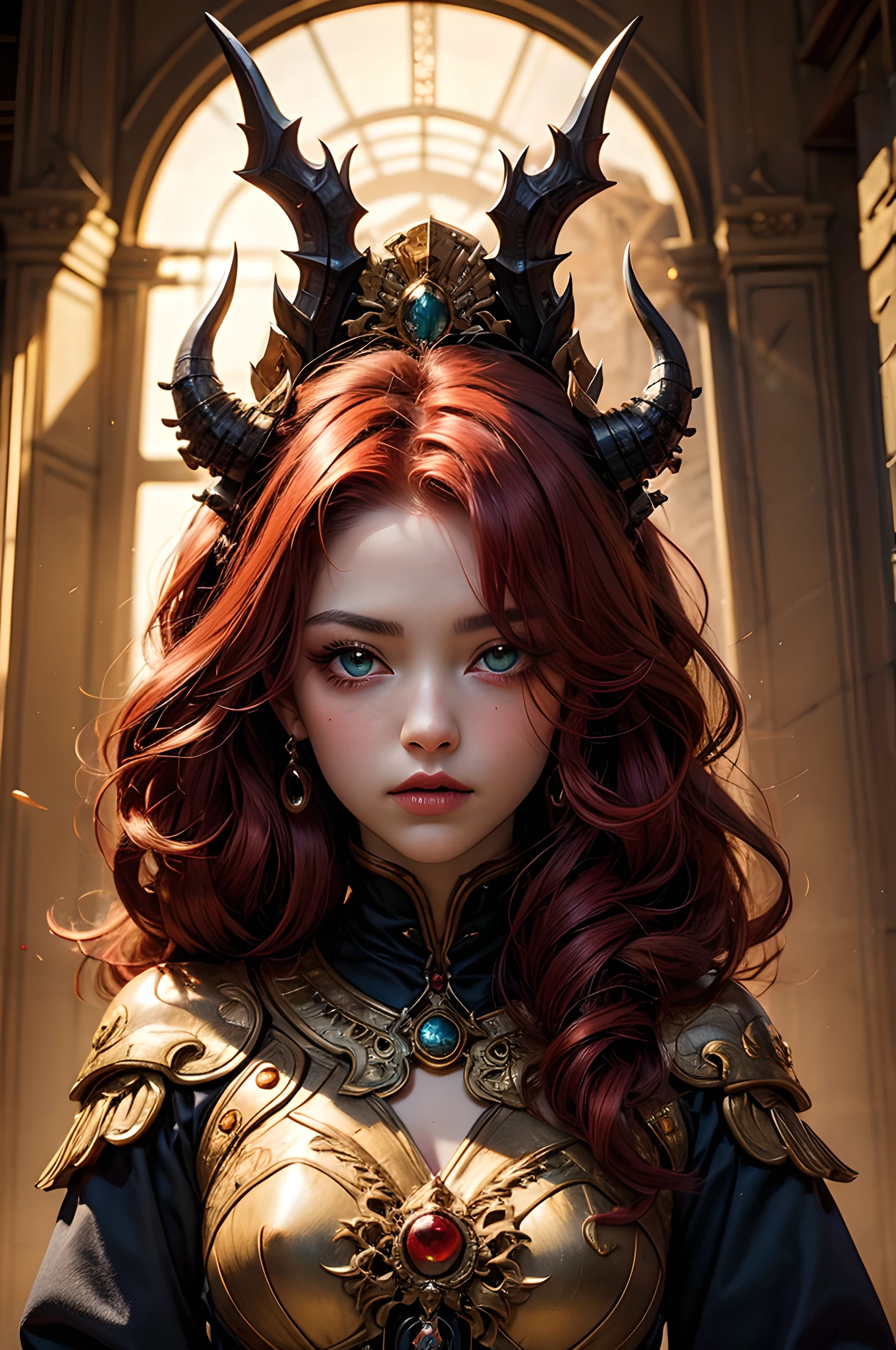 young Dragon-Girl, (deep red hair), big hair, portrait, double eyelid, serious face, small breast, heterochromia, one yellow eye, Princess of Dragons, Dynasty of fire