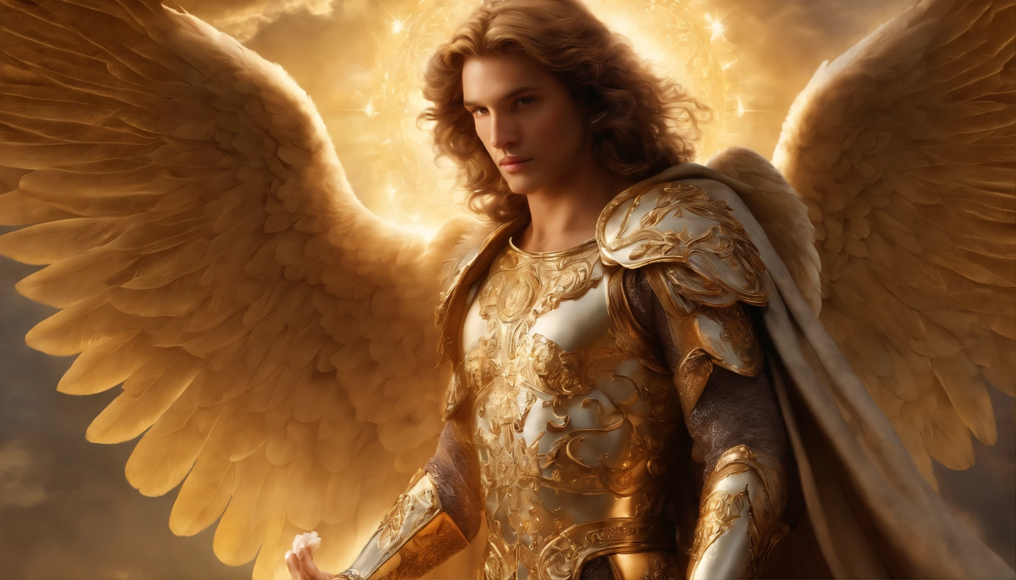 um personagem masculino, o arcanjo Miguel, imagem celestial, detalhes intricados, realista, asas ROSAS e grandes, fundo angelical, Catholic illustrative image of the archangel Michael, Male character of the Bible, Michael is wearing his angelic armor, cosmic background, Illumination in the Archangel and in the background, imagem do corpo todo do anjo, Maximum detail and his angelic face and wings, pele perfeita realista, Maximum image quality, Miguel ele esta destacado na imagem com cores fortes e chamativas.