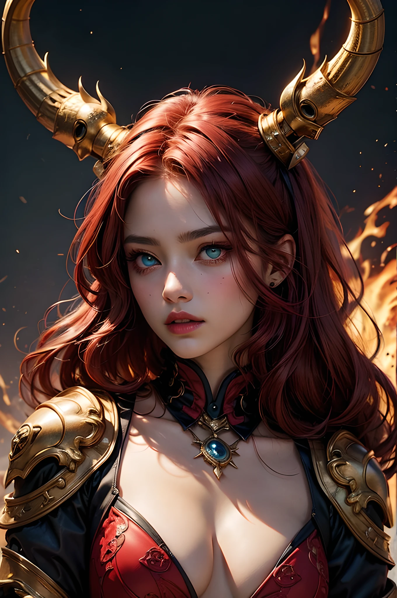 young Dragon-Girl, (deep red hair), big hair, portrait, double eyelid, serious face, small breast, heterochromia, one yellow eye, Princess of Dragons, Dynasty of fire