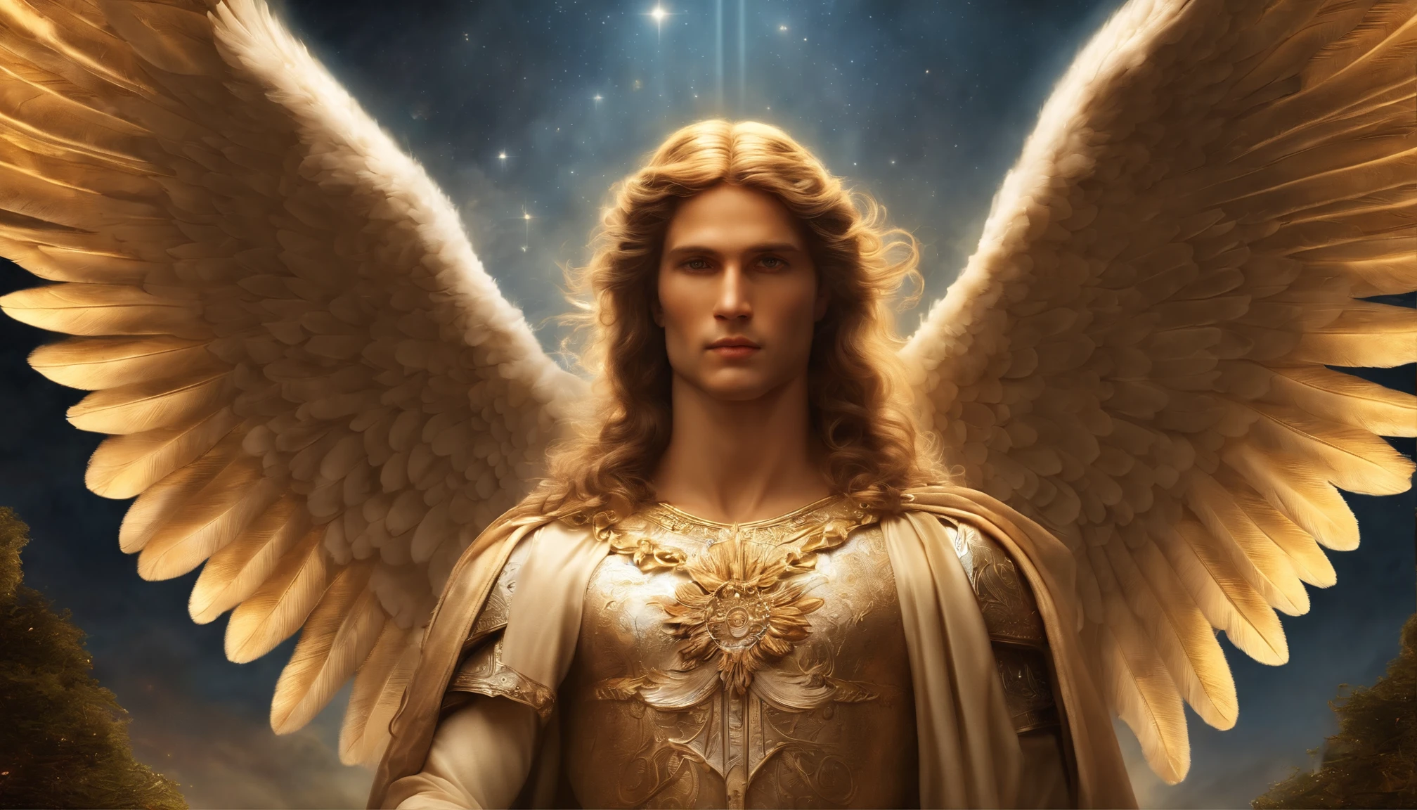 um personagem masculino, o arcanjo Miguel, imagem celestial, detalhes intricados, realista, asas ROSAS e grandes, fundo angelical, Catholic illustrative image of the archangel Michael, Male character of the Bible, Michael is wearing his angelic armor, cosmic background, Illumination in the Archangel and in the background, imagem do corpo todo do anjo, Maximum detail and his angelic face and wings, pele perfeita realista, Maximum image quality, Miguel ele esta destacado na imagem com cores fortes e chamativas.