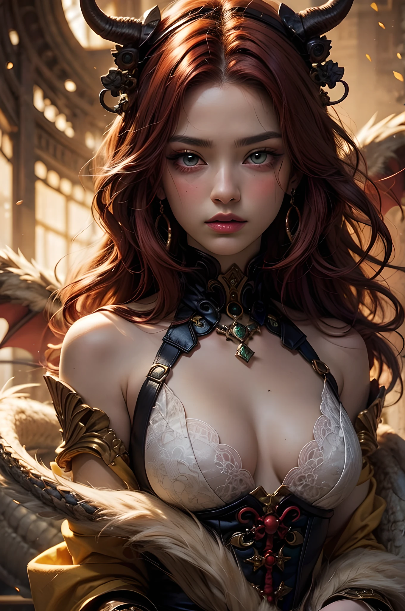 young Dragon-Girl, (deep red hair), big hair, portrait, double eyelid, serious face, small breast, heterochromia, one yellow eye, Princess of Dragons, Dynasty of fire