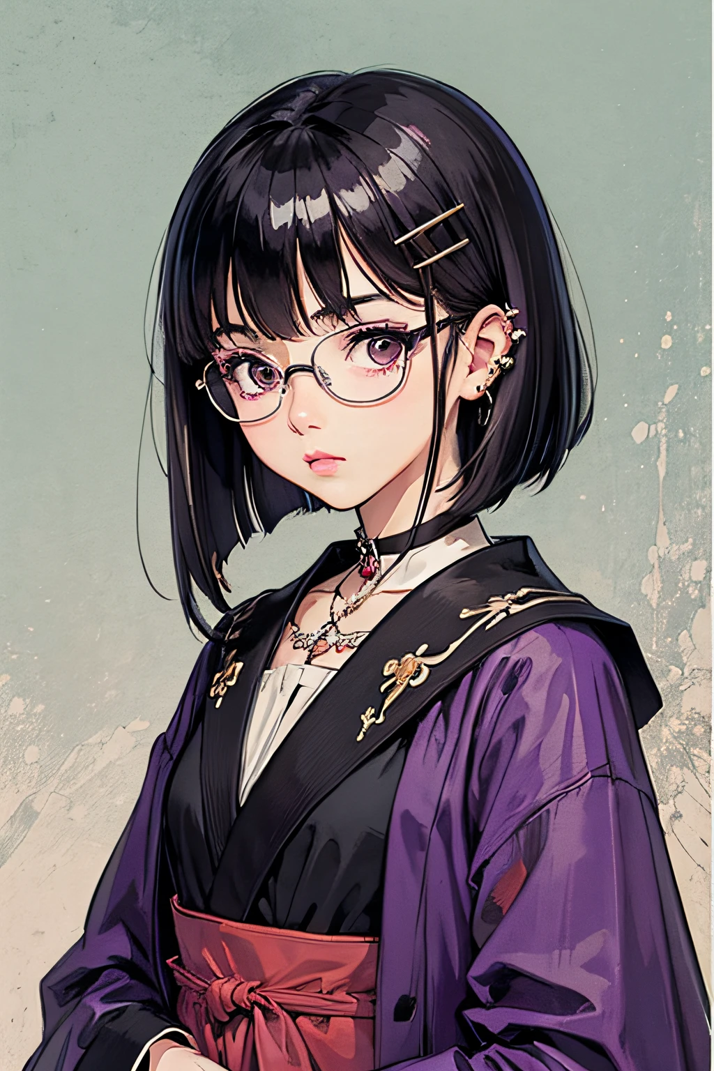 character design of a girl (masterpiece:1.2, best quality), no background, 1lady, solo, (shiny skin:1.2), upper body, purple color scheme, witch outfit, glasses, straight long black hair styled in hime-cut hair, character concept art, harajuku style, hair pin,
