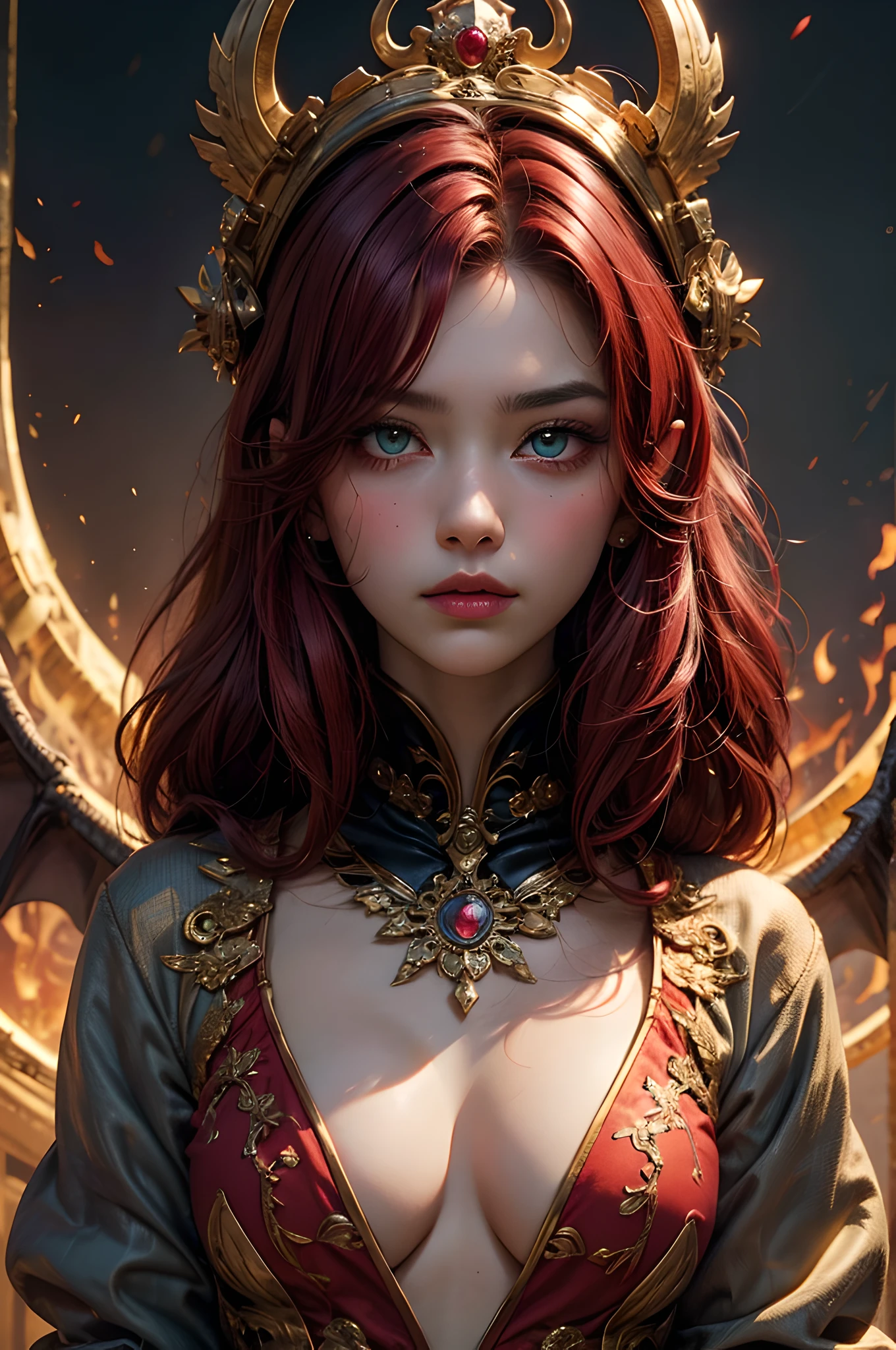 young Dragon-Girl, (deep red hair), big hair, portrait, double eyelid, serious face, small breast, heterochromia, one yellow eye, Princess of Dragons, Dynasty of fire