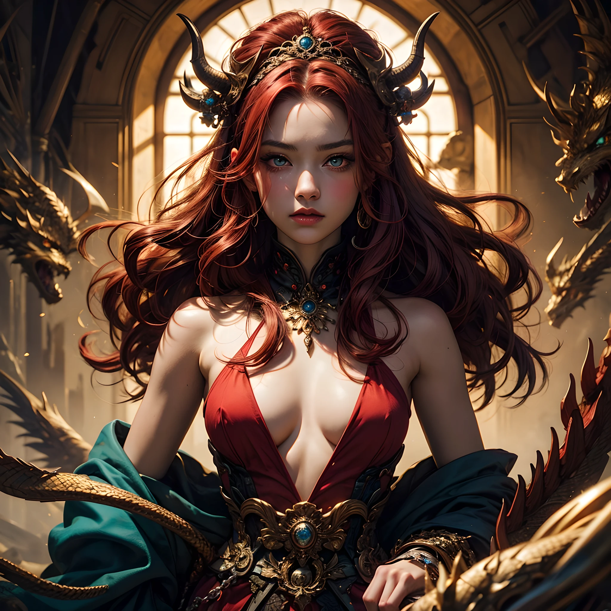 young Dragon-Girl, (deep red hair), big hair, portrait, double eyelid, serious face, small breast, heterochromia, one yellow eye, Princess of Dragons, Dynasty of fire