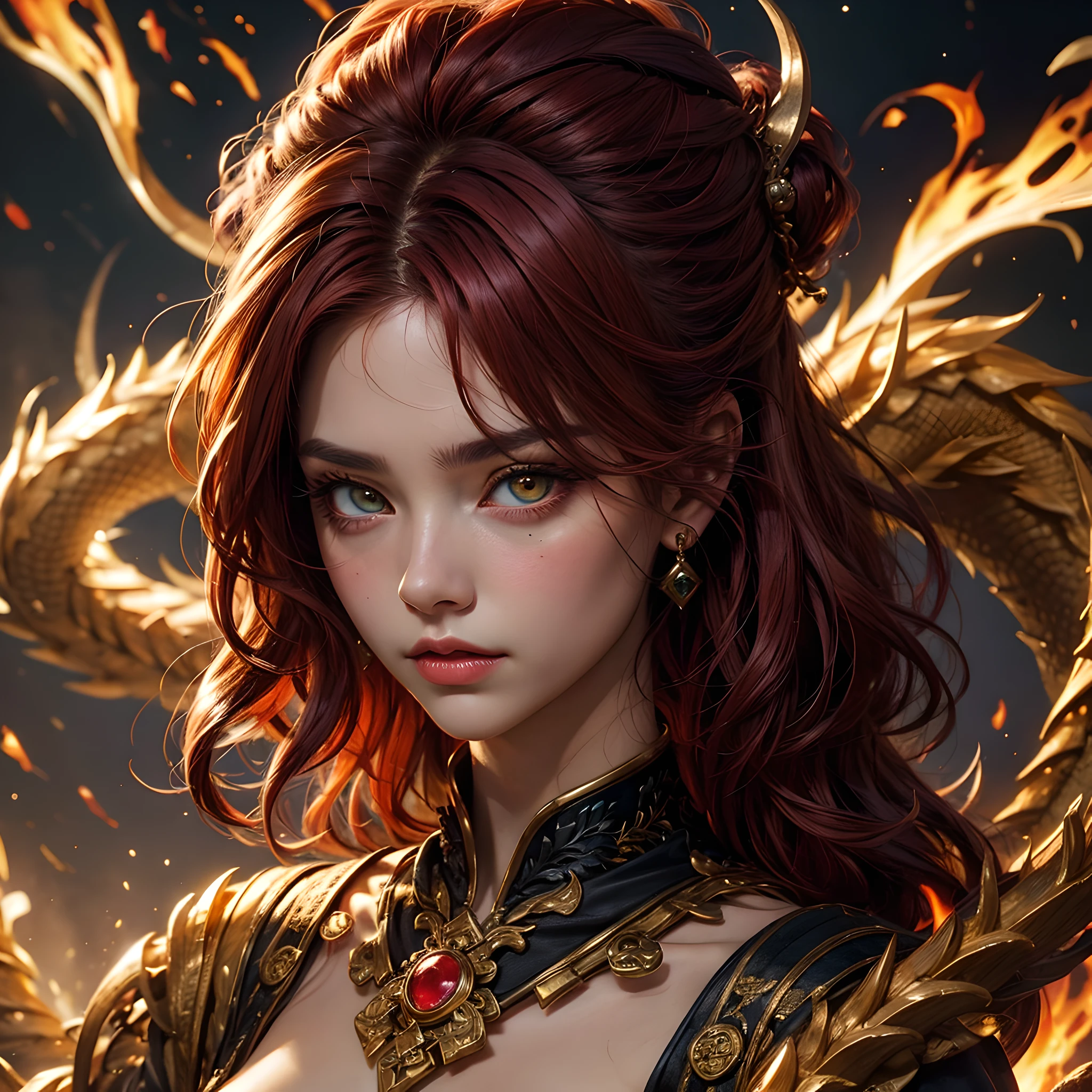 Kimetsu no estilo yaiba, 1 girl, just, amber red eyes , cabelo preto brilhante, extra very long hair, white and gold kimono , Obi Belt, ((artwork)), ((portraits of a)), The forest is on fire, The forest is on fire