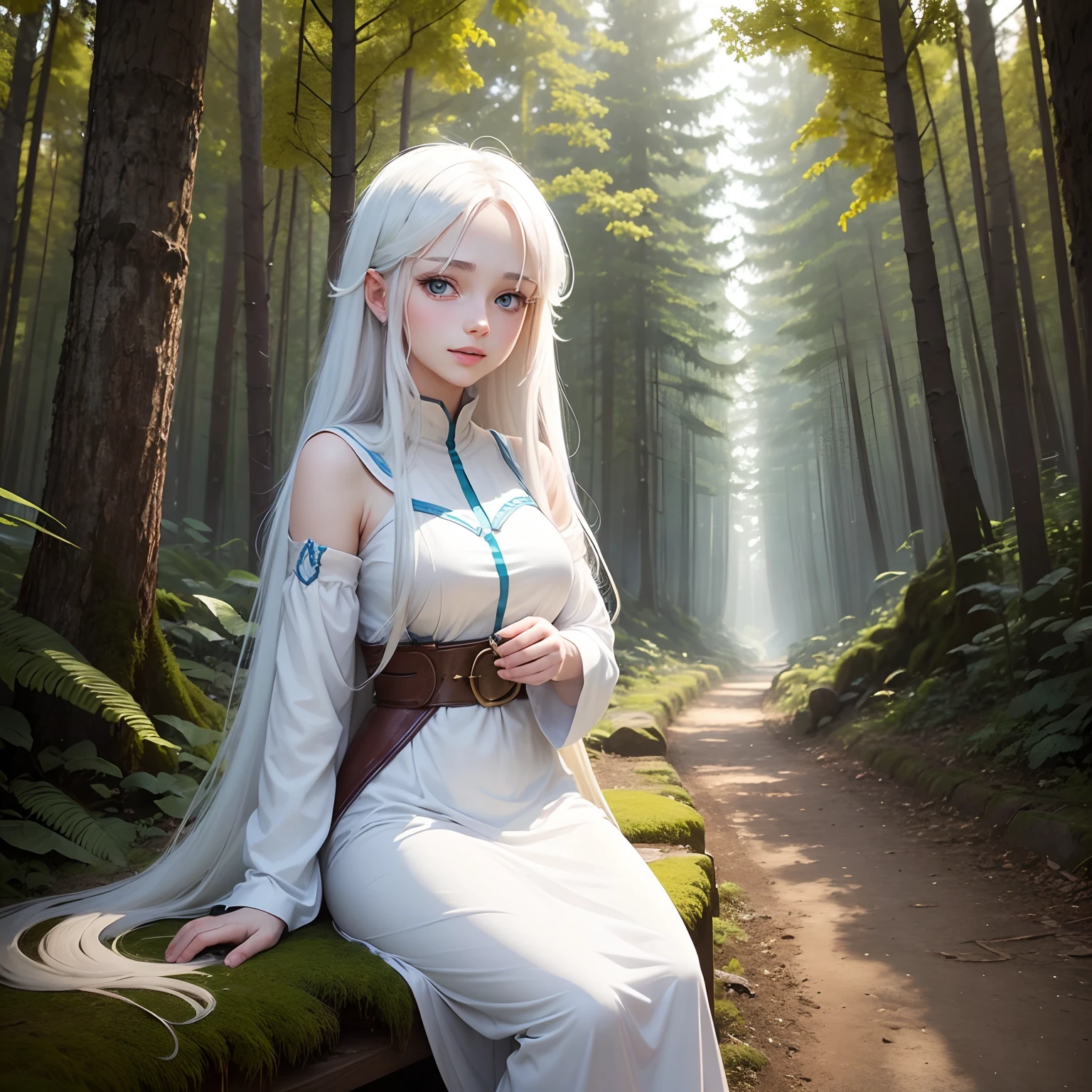 the background in a forest, a beautiful girl name is Lisa, 18 year old with blue eyes, long white hair, wearing a white tunic, Bad face laughs