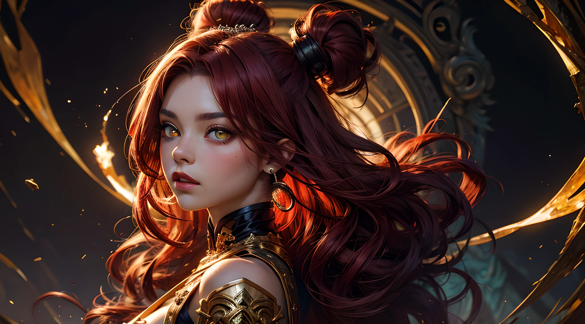 young Dragon-Girl, (deep red hair), big hair, portrait, double eyelid, serious face, small breast, (heterochromia:1.2), (one yellow eye:1.2), (one red eye:1.2), Princess of Dragons, Dynasty of fire