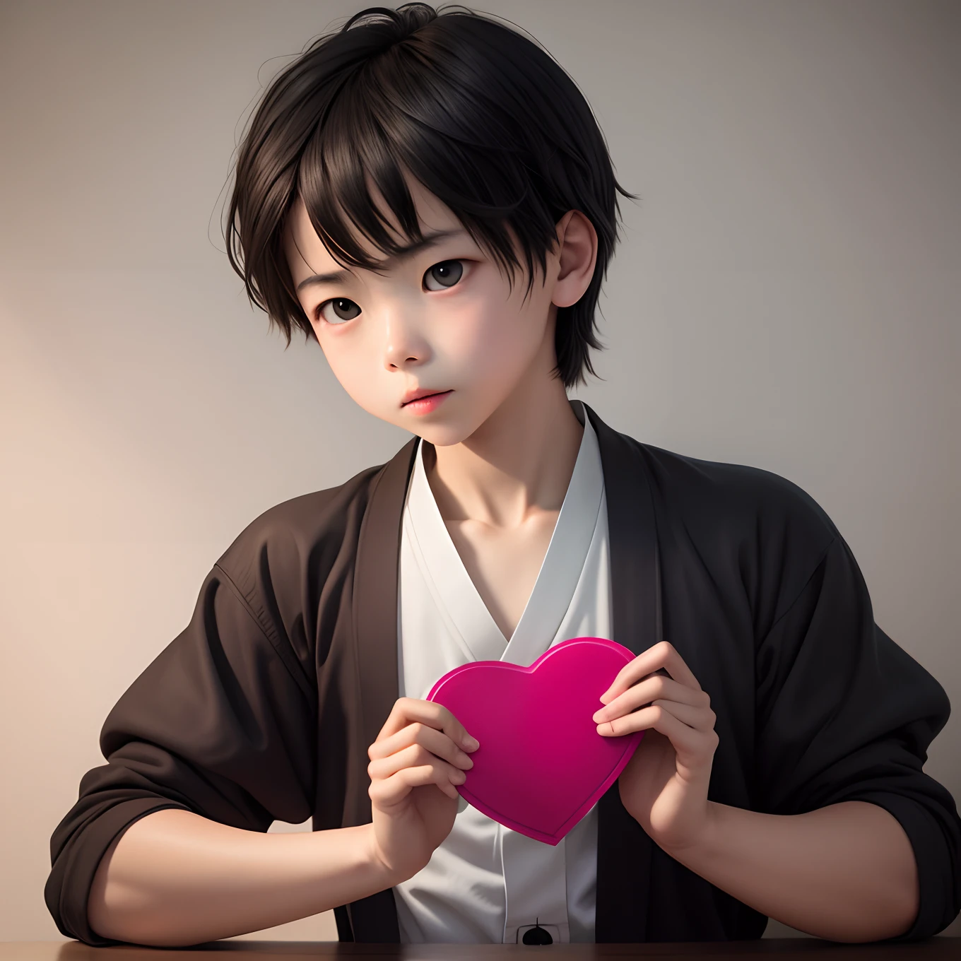 create an image with an oriental boy holding a heart with the word Priscila in the center