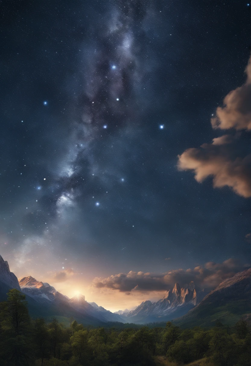 Starry Sky4k Planets in the Sky, montanhas e lago realista