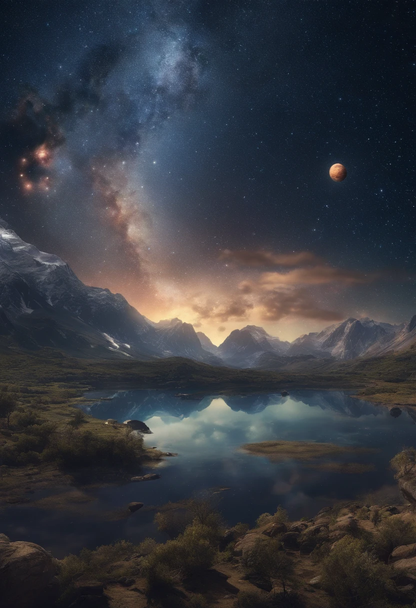 Starry Sky4k Planets in the Sky, montanhas e lago realista