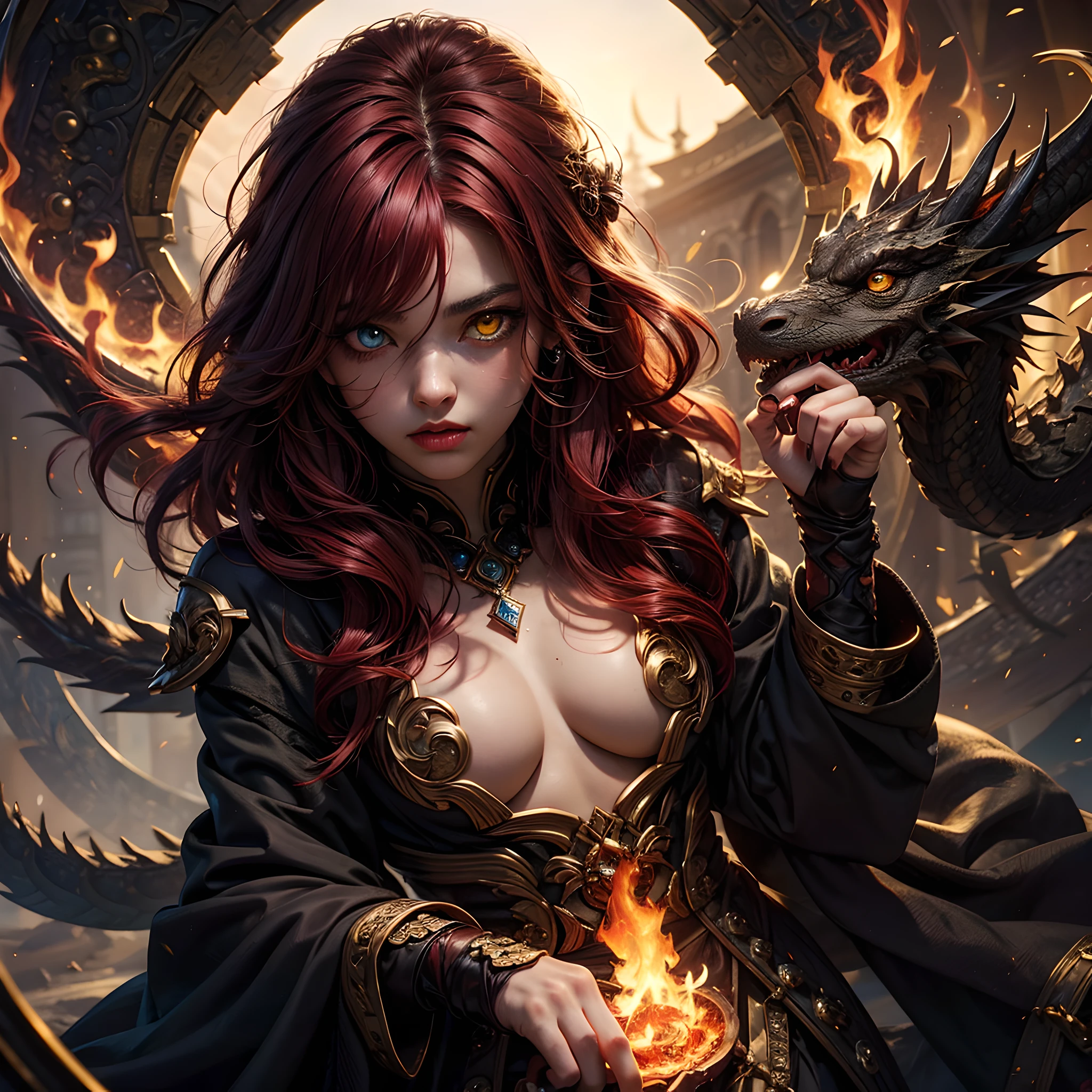 young Dragon-Girl, (deep red hair), big hair, portrait, double eyelid, serious face, small breast, (heterochromia:1.2), (one yellow eye:1.2), (one red eye:1.2), Princess of Dragons, Dynasty of fire