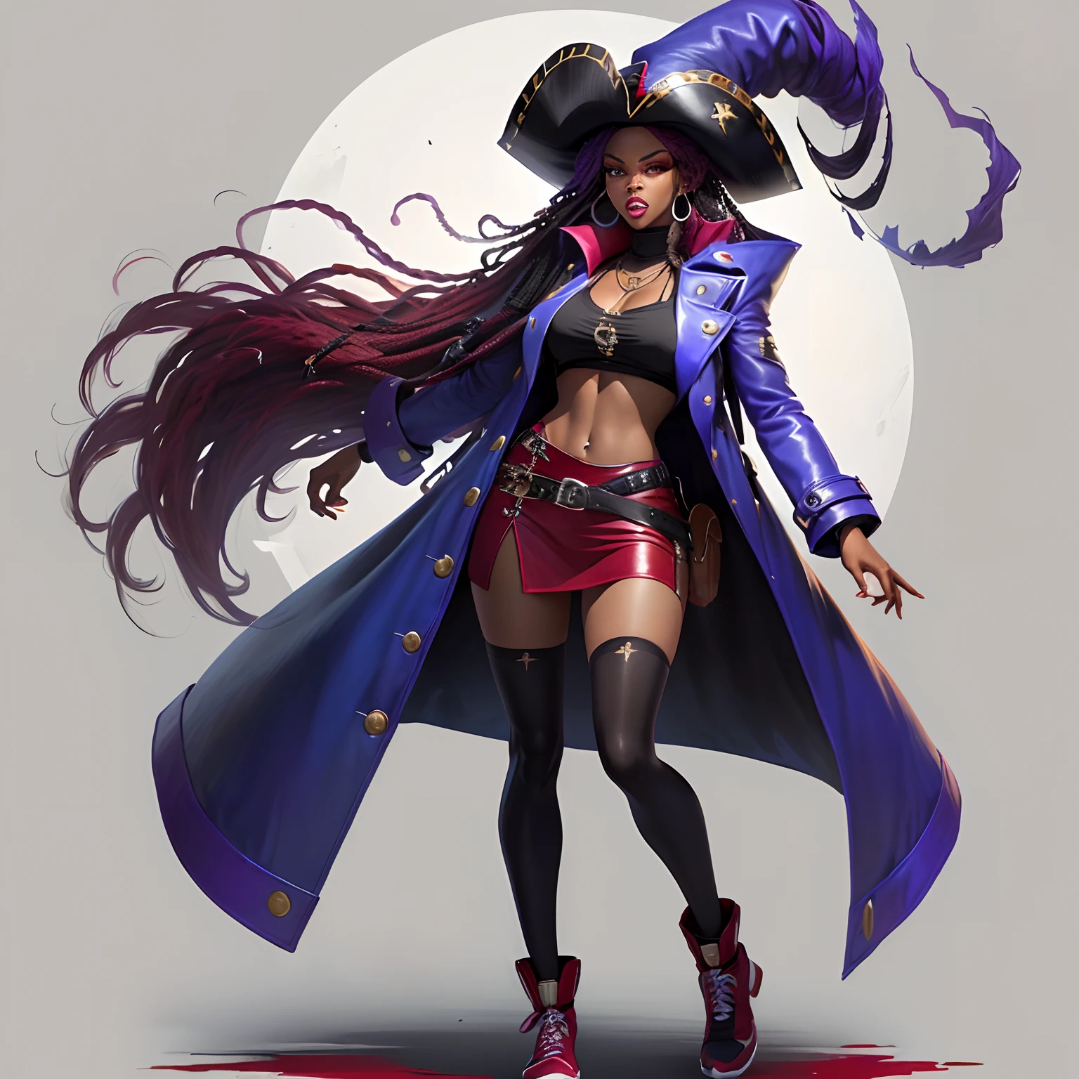 in the Pokémon art style, create full body image of a champion trainer in a Pokémon region based on Louisiana. she is an African American pirate voodoo queen. she has a large brim hat and wears a long leather coat. she’s fierce and ferocious. her color palette is crimson red, maroon, black, blue, and purple
