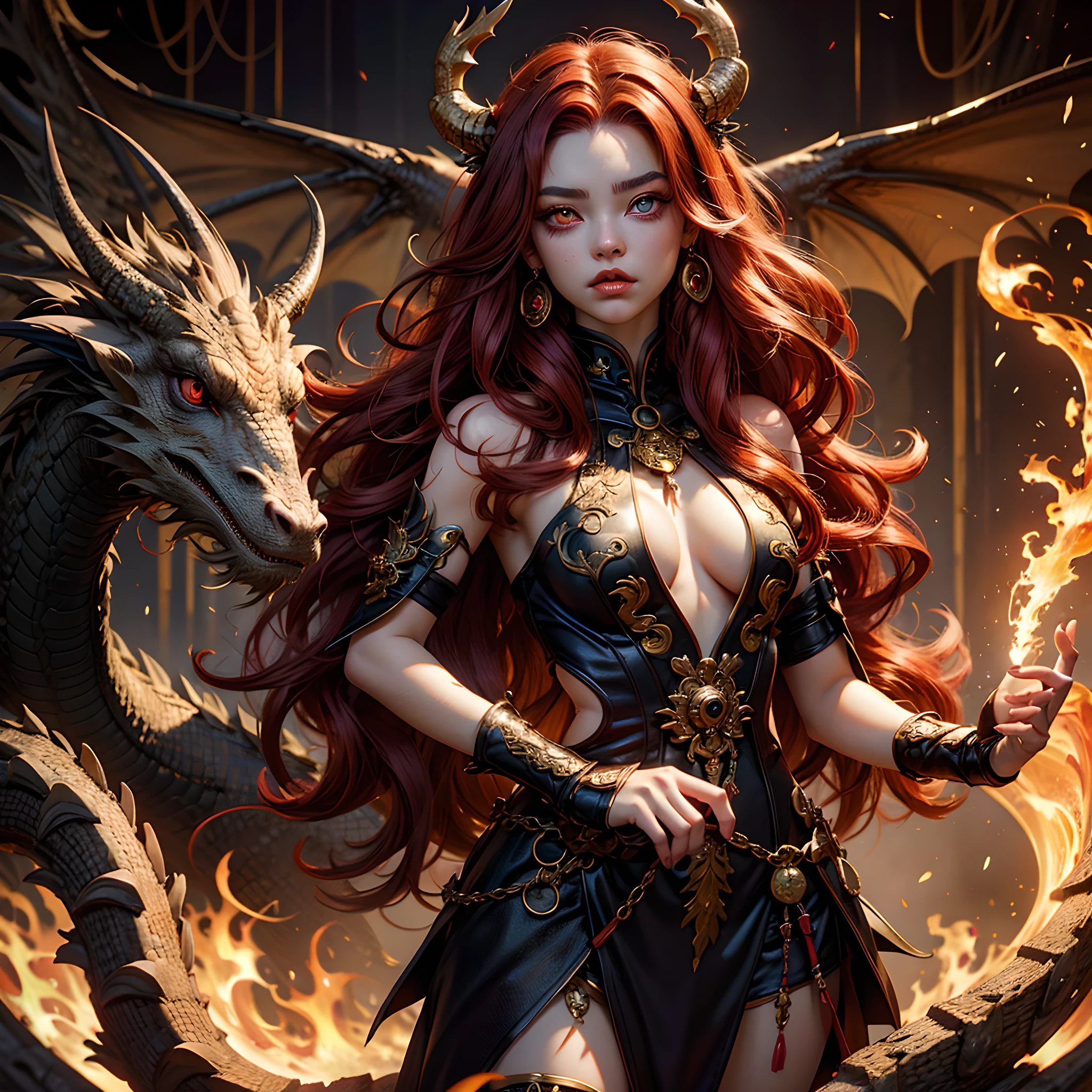 young Dragon-Girl, (deep red hair), big hair, portrait, double eyelid, serious face, small breast, (heterochromia:1.2), (one yellow eye:1.2), (one red eye:1.2), Princess of Dragons, Dynasty of fire