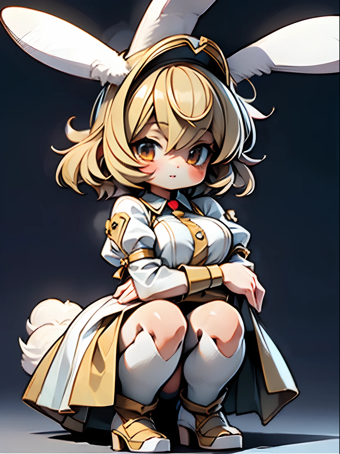 a sticker、masterpiece、top-quality、hight resolution、8K、full body Esbian、from side、1 rabbit girl、((Big ears in rabbits))、sideways Facing、soldier、Military uniforms、short-hair、Colossal tits、cleavage of the breast、big eye、kawaii eyes、Draw your face beautifully、Standing on one knee、Aiming with a rifle、micromini skirt、pantiy、Panchira、perspiring、The background is ruins、