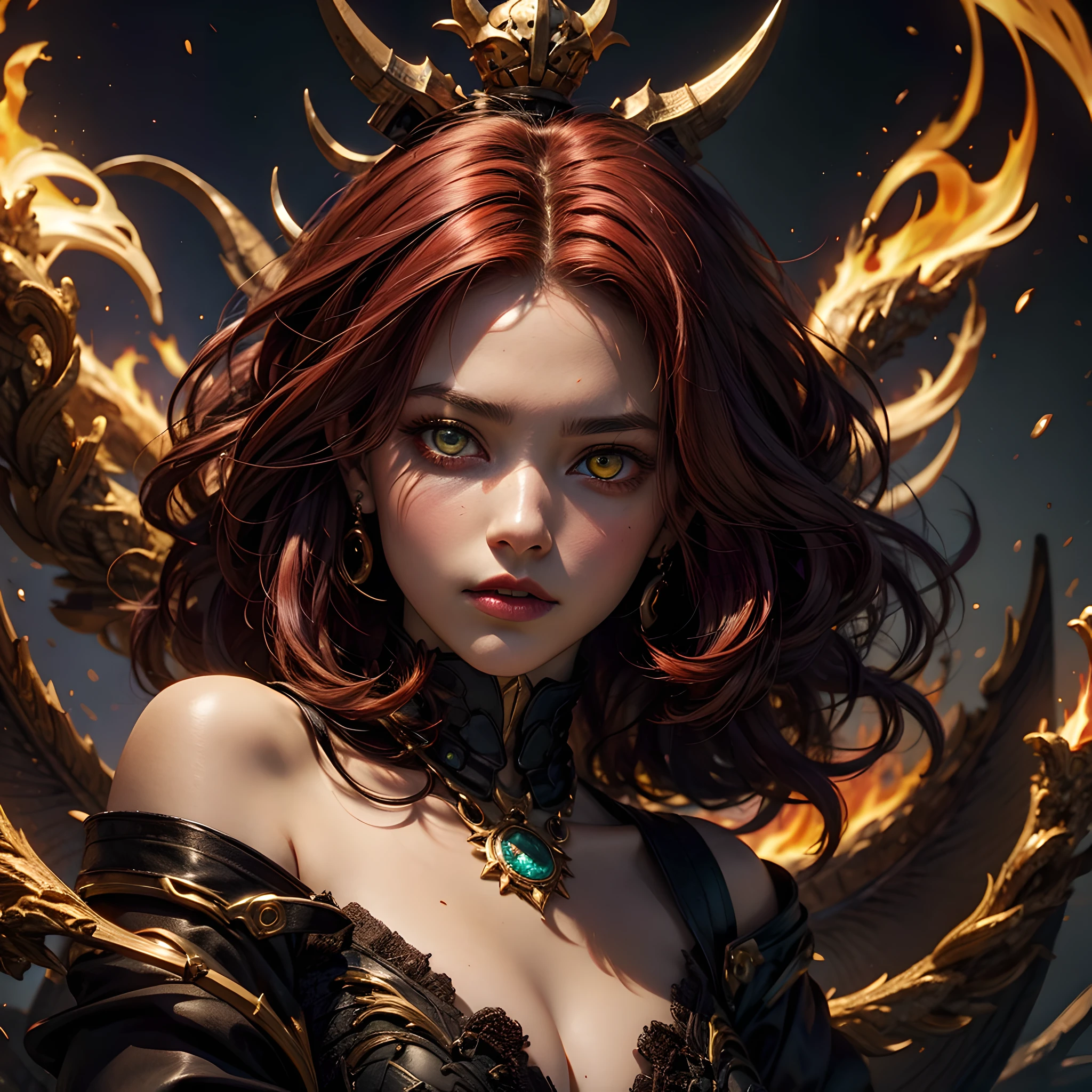 young Dragon-Girl, deep red hair, big hair, portrait, serious face, small breast, (heterochromia:1.2), (one yellow eye:1.2), (one red eye:1.2), Princess of Dragons, Dynasty of fire