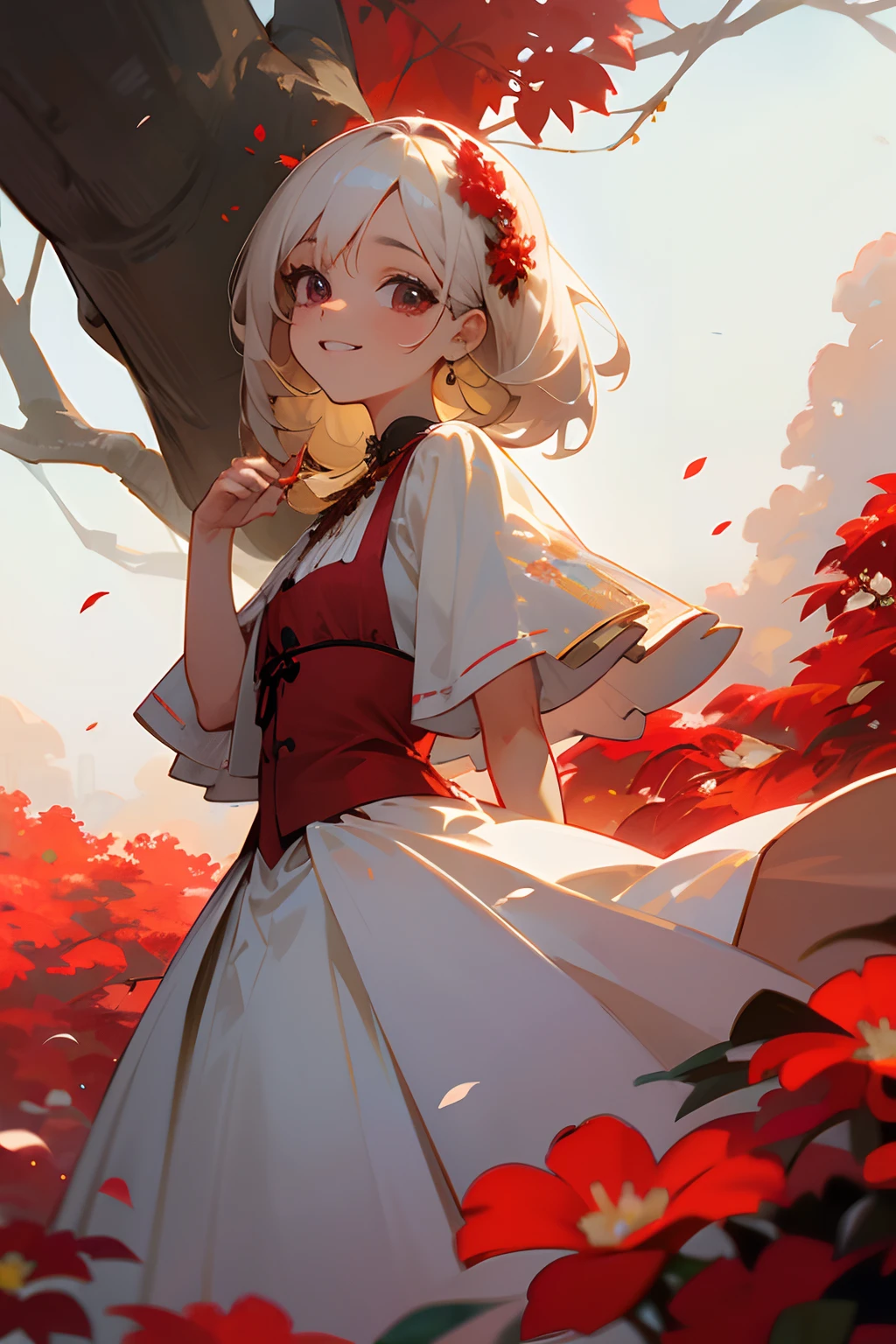 Chica,cabello hecho de hojas, ojos rojos, flores en la cabeza, sonriendo,vestido blanco, de fondo un bosque
