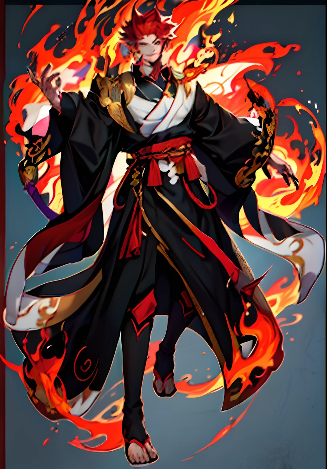 (Masterpiece, best quality: 1.2), (Super detailed), (Illustration),detailed face, anime character dress in japanese style, male japanese demon, youkai, onmyoji, onmyoji arena, kimono, fullbody,anime full body illustration, full body with costume, kimono japanese, onmyoji game, shinigami , a close up of a person in a costume with fire, fire!! full body, blazing infero, fire mage, inspired by Okumura Masanobu, half invoker half megumin, joker as naruto, inspired by Kanō Hōgai, inspired by Kōno Michisei, all face covered with a fire, flame conjuring, a man in a black robe and red belt, flowing red hair and long robes, ((wearing aristocrat robe))