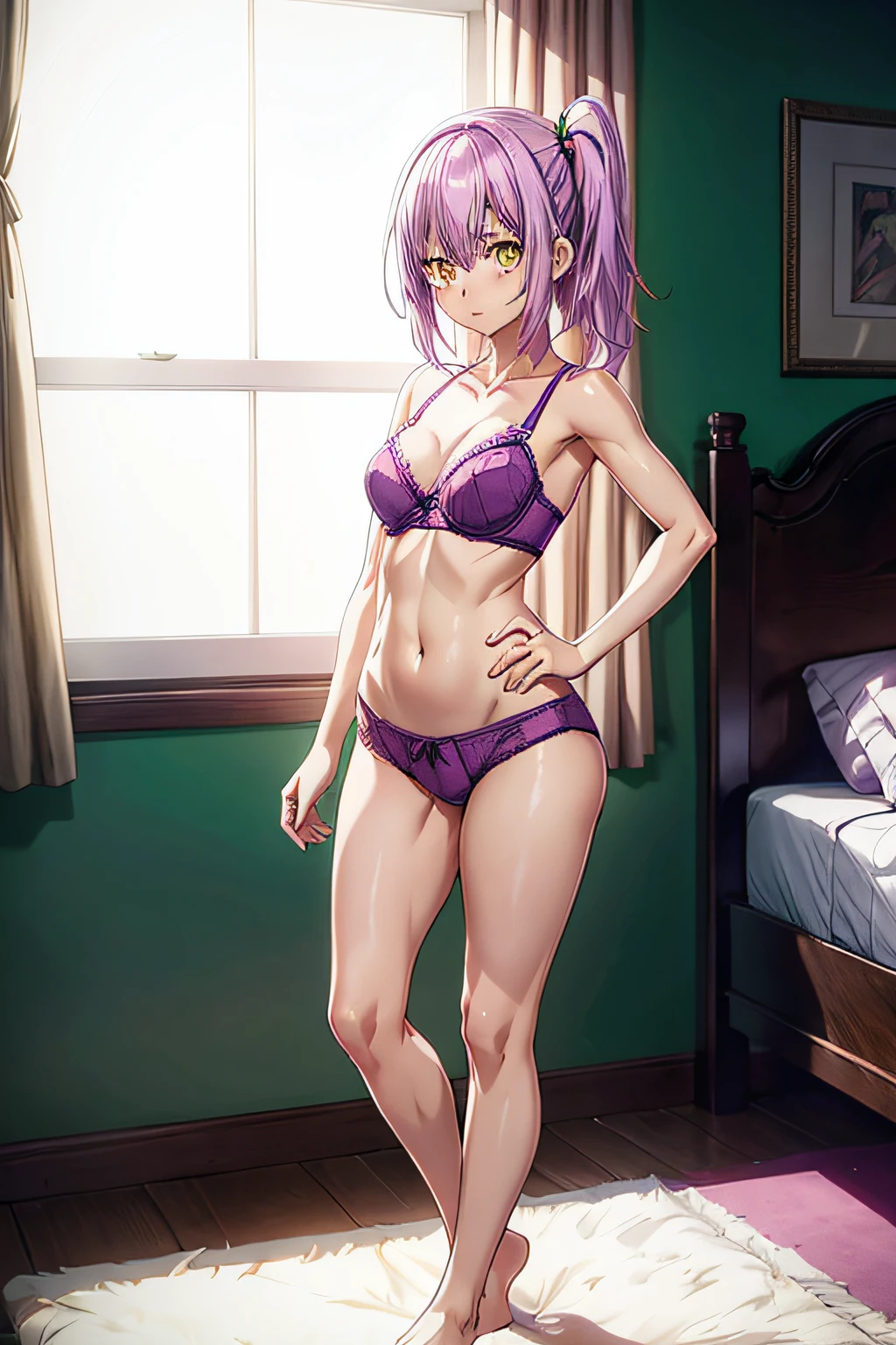 an anime girl with purple hair next to a bed, 1girl, solo, yellow eyes, pink hair, looking at the viewer, tight, last, wearing a bra and very small panties, muscular thighs, muscular belly, barefoot, standing , with hands on hips, full body photo