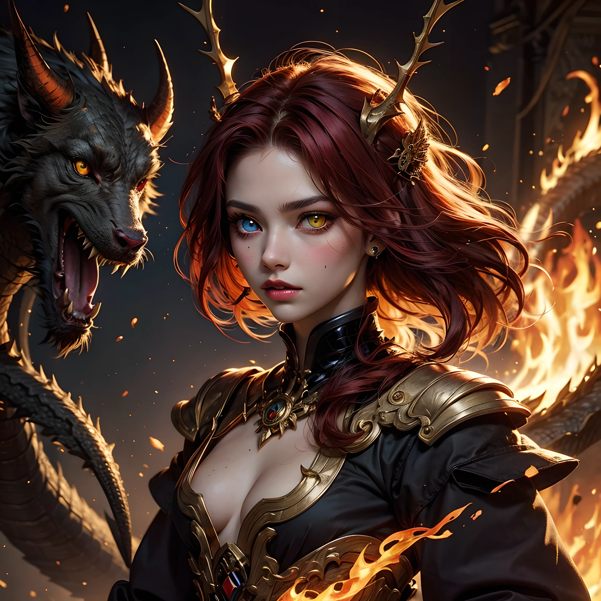 young Dragon-Girl, deep red hair, big hair, portrait, serious face, small breast, (heterochromia:1.2), (one yellow eye:1.2), (one red eye:1.2), Princess of Dragons, Dynasty of fire