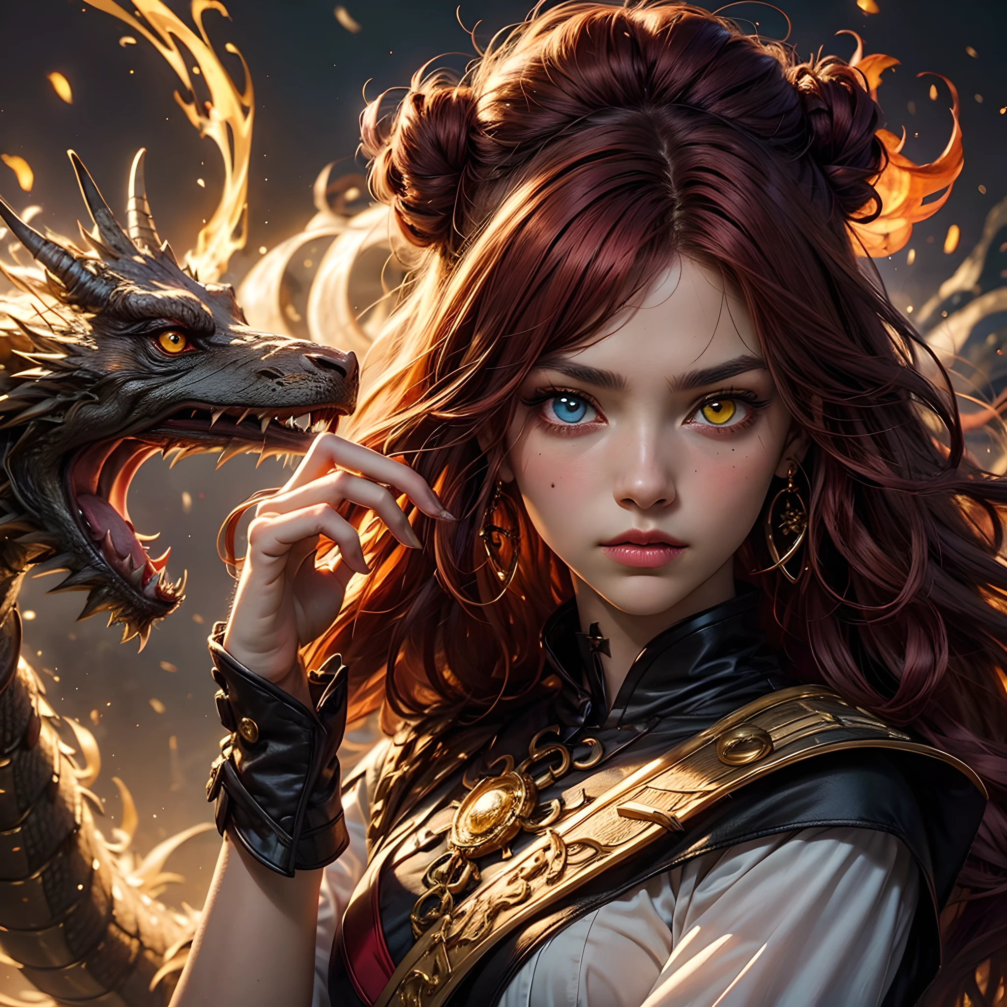 young Dragon-Girl, deep red hair, big hair, portrait, serious face, small breast, (heterochromia:1.2), (one yellow eye:1.2), (one red eye:1.2), Princess of Dragons, Dynasty of fire