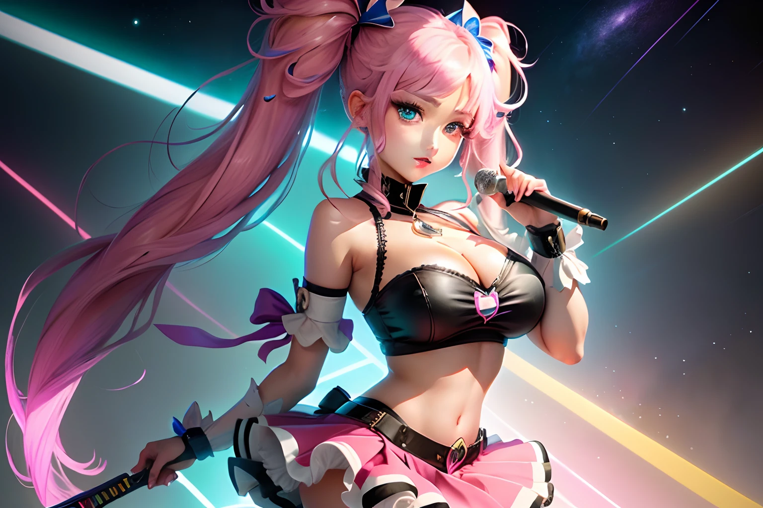 anime, magical girl, pop star, big breasts, pigtails, neon colors, miniskirt, panties, cartoon