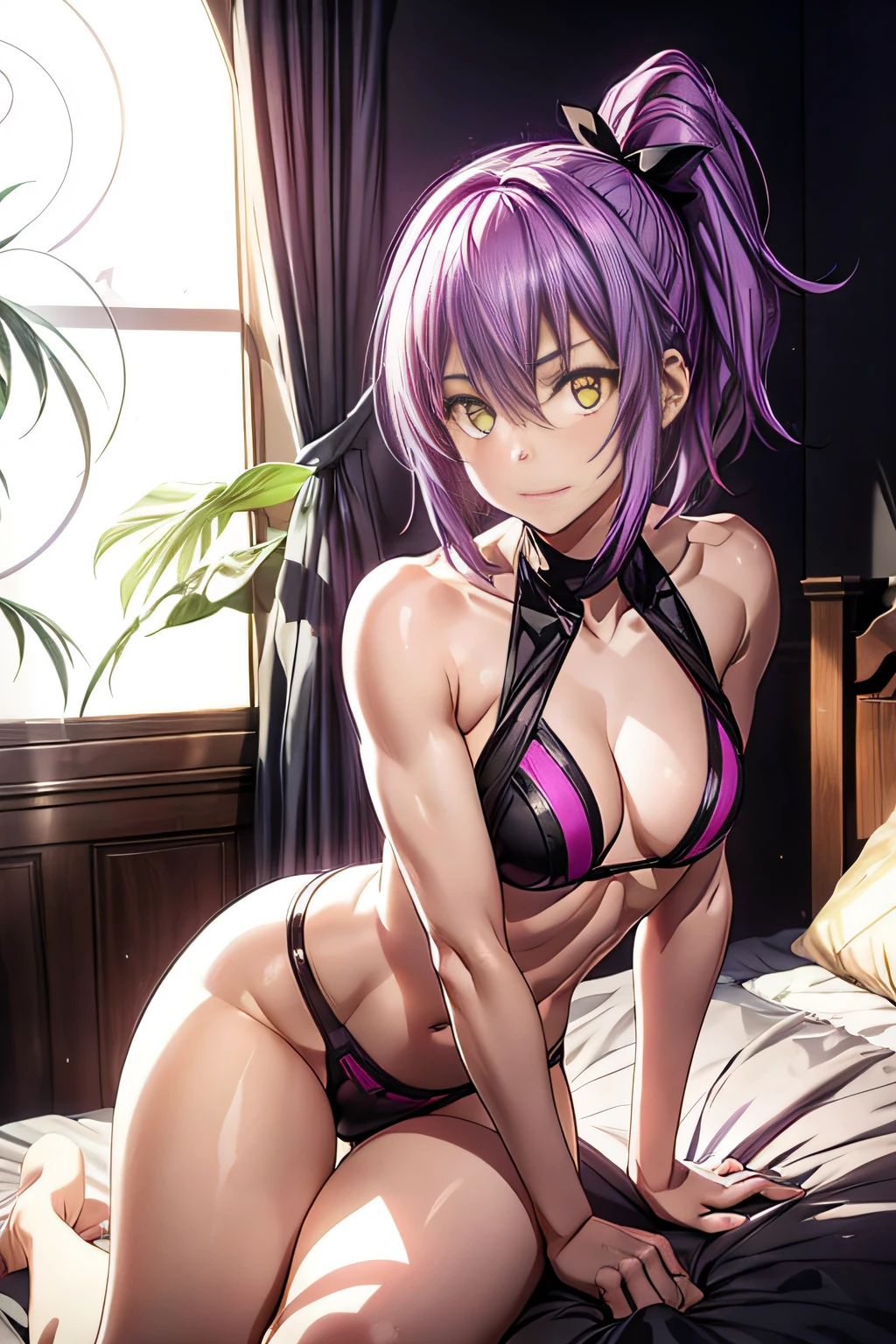 (((a loli girl))) (((realistic))), with purple messy hair, 1 girl, solo, ((Tensure last)), ,sexy pretty, (((muscular ass))), (( (skinny))), ((((ultra-detailed)))), (((photorealistic))), 8k, (bright yellow eyes), neck-length side ponytail hairstyle, in the bedroom, wearing a black micro bikini, thick and muscular legs, muscular belly, barefoot, full body photo, facing the camera