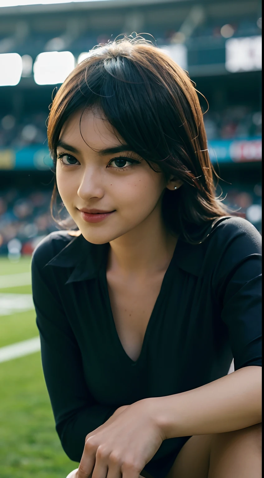 (mejor calidad,4k,8k,high resolusion:1.2),Ultra - detallado,realista,fotorrealista:1.37,Una melena larga y suelta, de color negro intenso, cae libremente, alcanzando la espalda y los hombros. El cabello es sedoso y brillante, destacando en contraste con el fondo. Los mechones fluyen naturalmente, creando una apariencia de libertad y movimiento que cube parte del rostro,labios : suaves, bien definidos, tono natural.
ojos : Profundos, expresivos, long eyeslashes.
nariz : delicada, proporcionada, puente recto.
cheekbones : Contorneados, suaves, Add structure.
cejas : Densas, arqueadas, enmarcan los ojos.
rostro : Ovalado, Tez radiante, simetry,estilo : Elegante y femenino,un vestido de Tejido : Suave y fluido,Color : azul claro,escote : Moderado,Manga : Cortas y abullonadas,cintura : Sutilmente acentuado,falda : Fluida, por encima de la rodilla,apariencia : Casual y chic,Por supuesto, puedo describir la postura y el ambiente de una chica sentada en un estadio,The girl is sitting in one of the stands of the stadium, Show a relaxed and comfortable posture. His legs are slightly crossed, dando un aspecto informal y tranquilo. Ella se inclina hacia adelante, Show interest in what's happening on the pitch and enjoy the atmosphere of the stadium. The excitement and energy of the event is reflected on his face, With a genuine smile and sparkling eyes that follow the action. The hustle and bustle and animation of the crowd around you all contribute to creating a vibrant and exciting atmosphere, Full of excitement and excitement for the match.