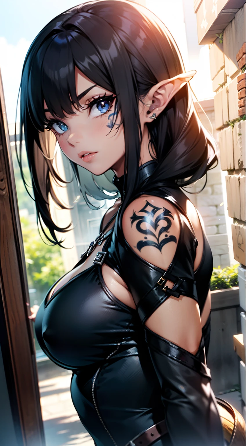 8K resolution, Eye and skin detail, detailed facial features beauty. She is a fantasy character. She is a blacksmith. Her skin is a dark amber, she has runic tattoos. She is strong, confident. She has (elven fantasy style clothing). Her muscles are well defined and lean. Rune factory character. Harvest moon character. Instagram beauty trends. She has Kim Kardashian face. Clean face. Dark lipstick. Heavy eye should. Dark skin, dark girl. Face and body rune tattoos. Full body. Wide angle. Strong female. Blacksmith clothes. Snfw body. Dynamic pose