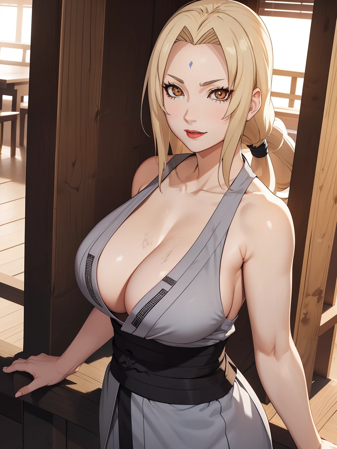 1girll, 独奏, Tsunad, 30 years old, Tsunad, sleeveless, Big red lips, Mature ??????, ninja, Full body, looking, big eyes, The rise of Halima, mature, Big Donkeys, A wonderful smile, wind, Yellow hair