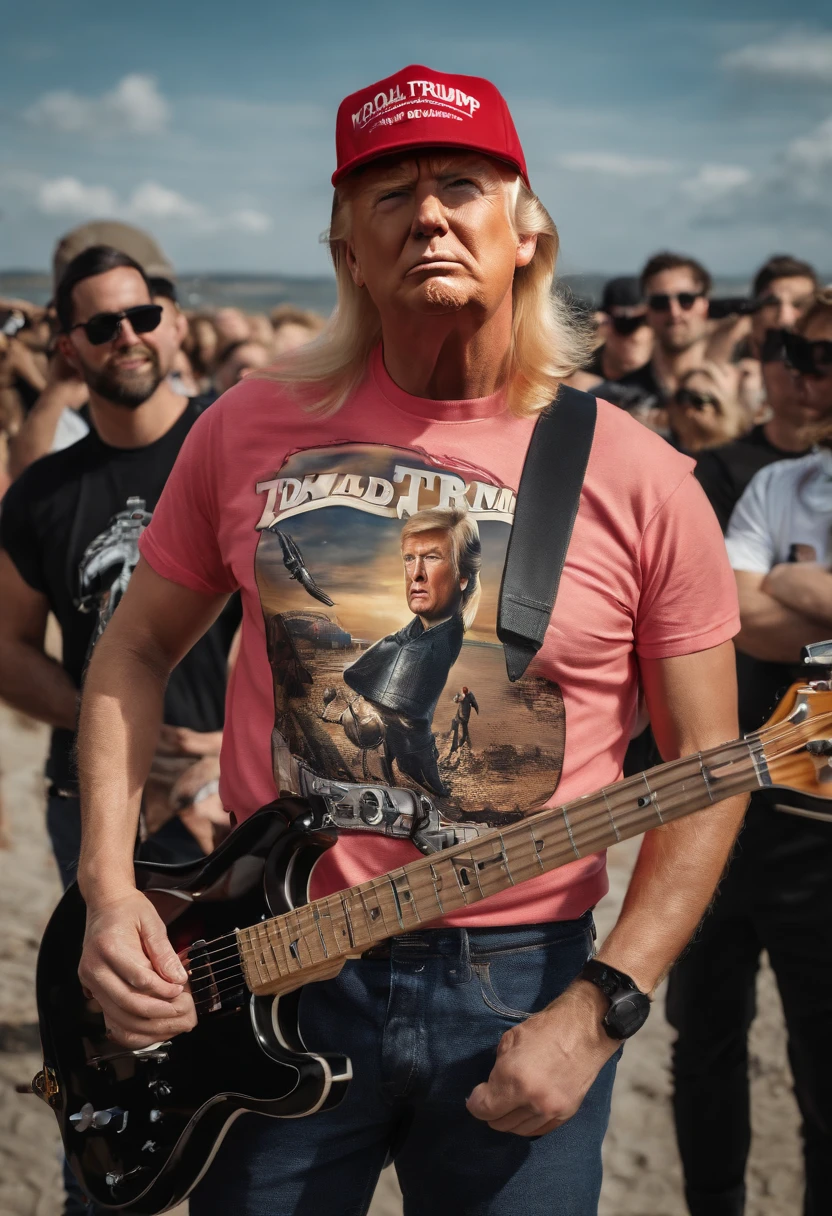 (best quality,4k,highres,masterpiece:1.2),ultra-detailed,realistic,photorealistic:1.37,donald trump,band,metal t-shirt,cargo pants,vans,be vocalist,pop punk band