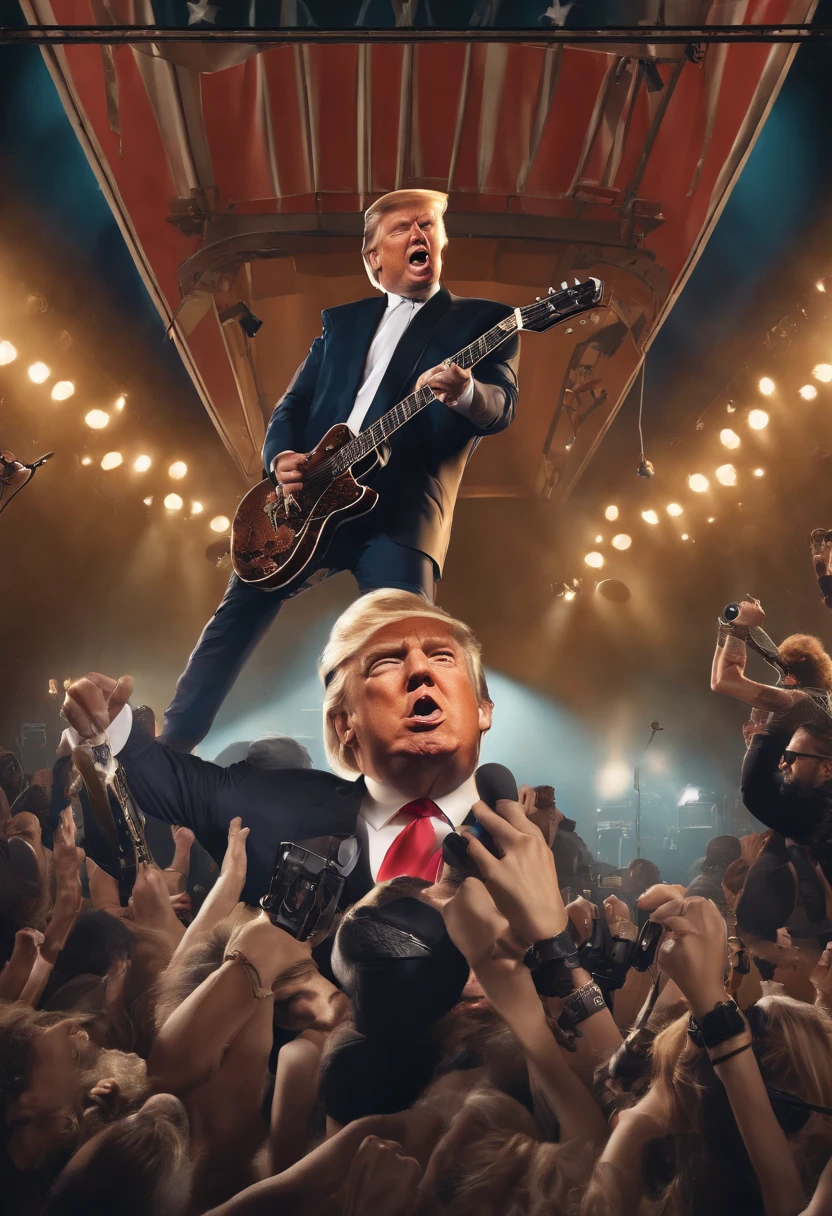 (best quality,4k,highres,masterpiece:1.2),ultra-detailed,realistic,photorealistic:1.37,donald trump,band,metal t-shirt,cargo pants,vans,be vocalist,pop punk band