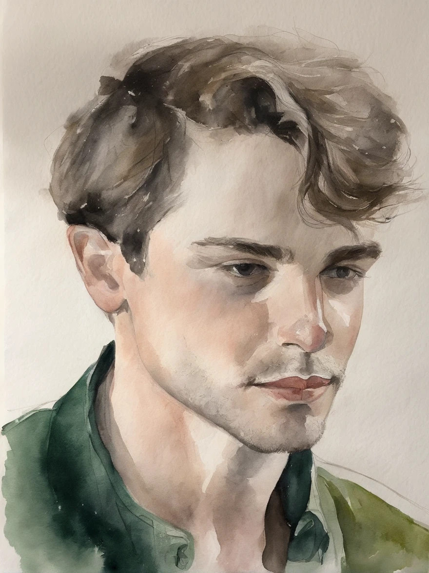 Watercolor painting of a handsome young man with neck-length dark hair and dark green jacket with black shirt : : trending on ArtStation: : Simple composition creates a sense of order and harmony. A pintura reflete as qualidades espirituais do mundo natural. --up luz --ar 9:16