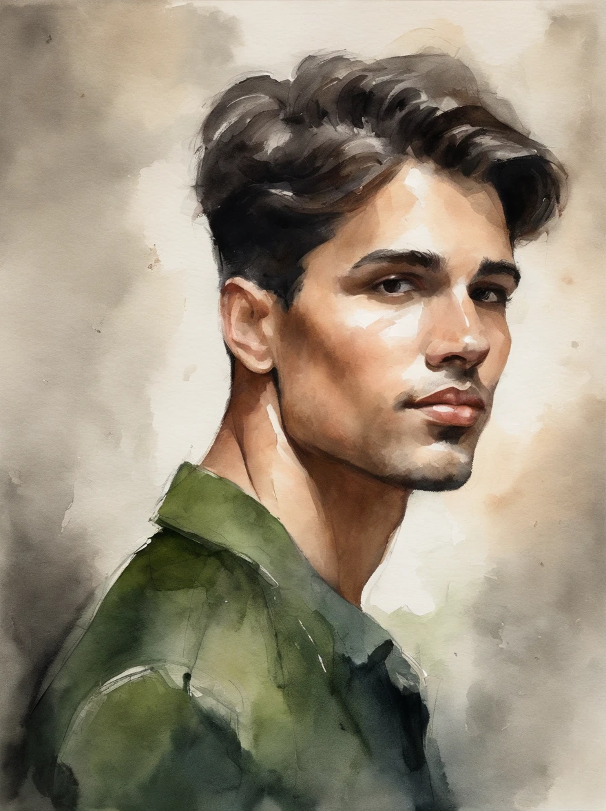 Watercolor painting of a handsome young man with neck-length dark hair and dark green jacket with black shirt : : trending on ArtStation: : Simple composition creates a sense of order and harmony. A pintura reflete as qualidades espirituais do mundo natural. --up luz --ar 9:16